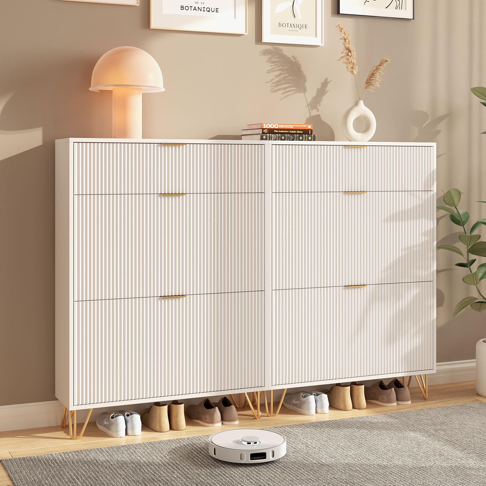 Zestaw 2 szafek na buty z 2 klapami i 1 drzwiami, biały, regał na buty, uchylny, wąski, mechanizm zapobiegający przechylaniu, do przedpokoju, 80 x 24 x 118,5 cm