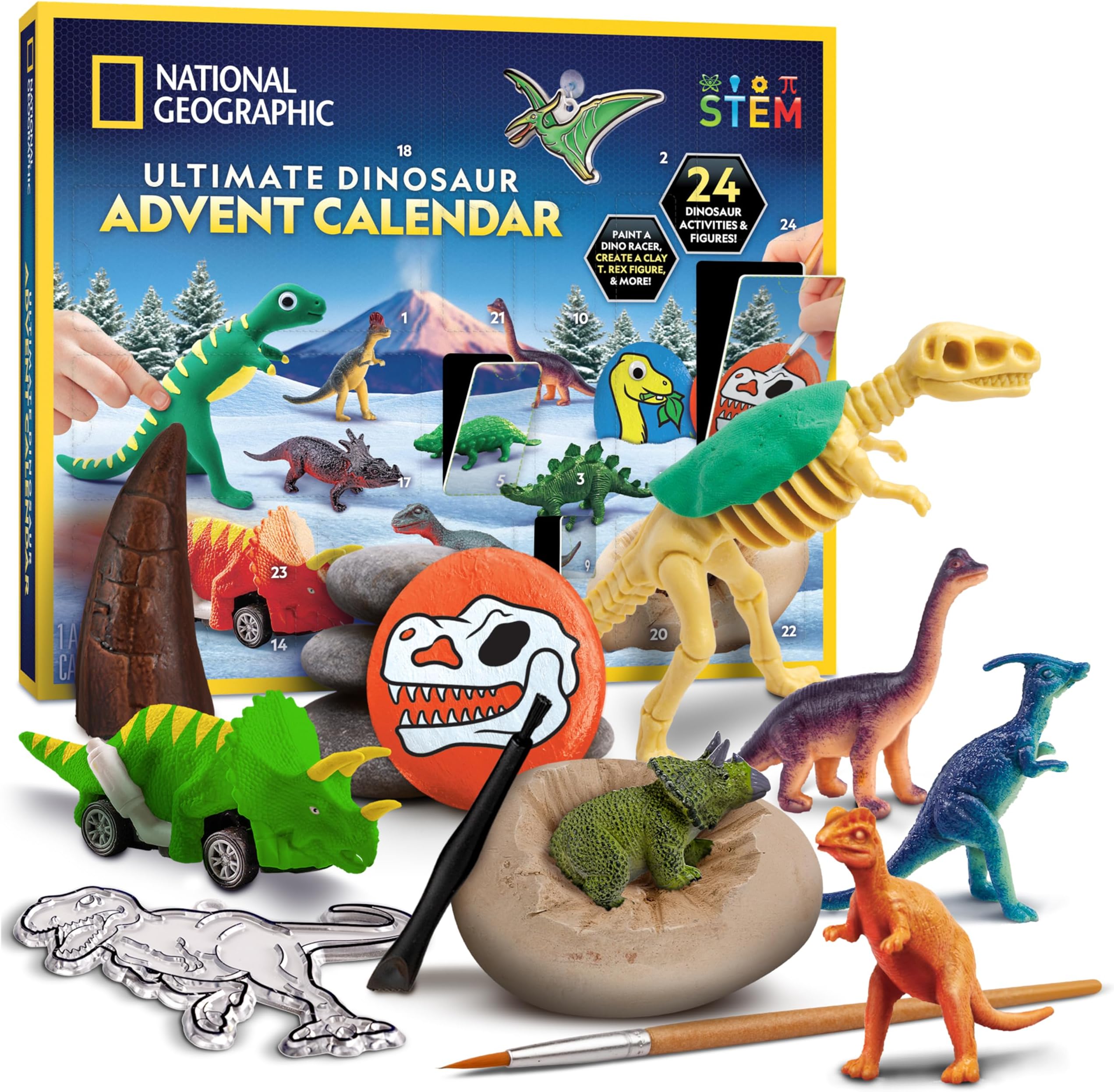 Blue Marble NATIONAL GEOGRAPHIC Dinosaur Advent Calendar 2024 - Christmas Countdown Calendar with 24 Different Dinosaur Activities and Figures, Paint Dinosaurs, Create Clay T. Rex, and Dinosaur Tooth