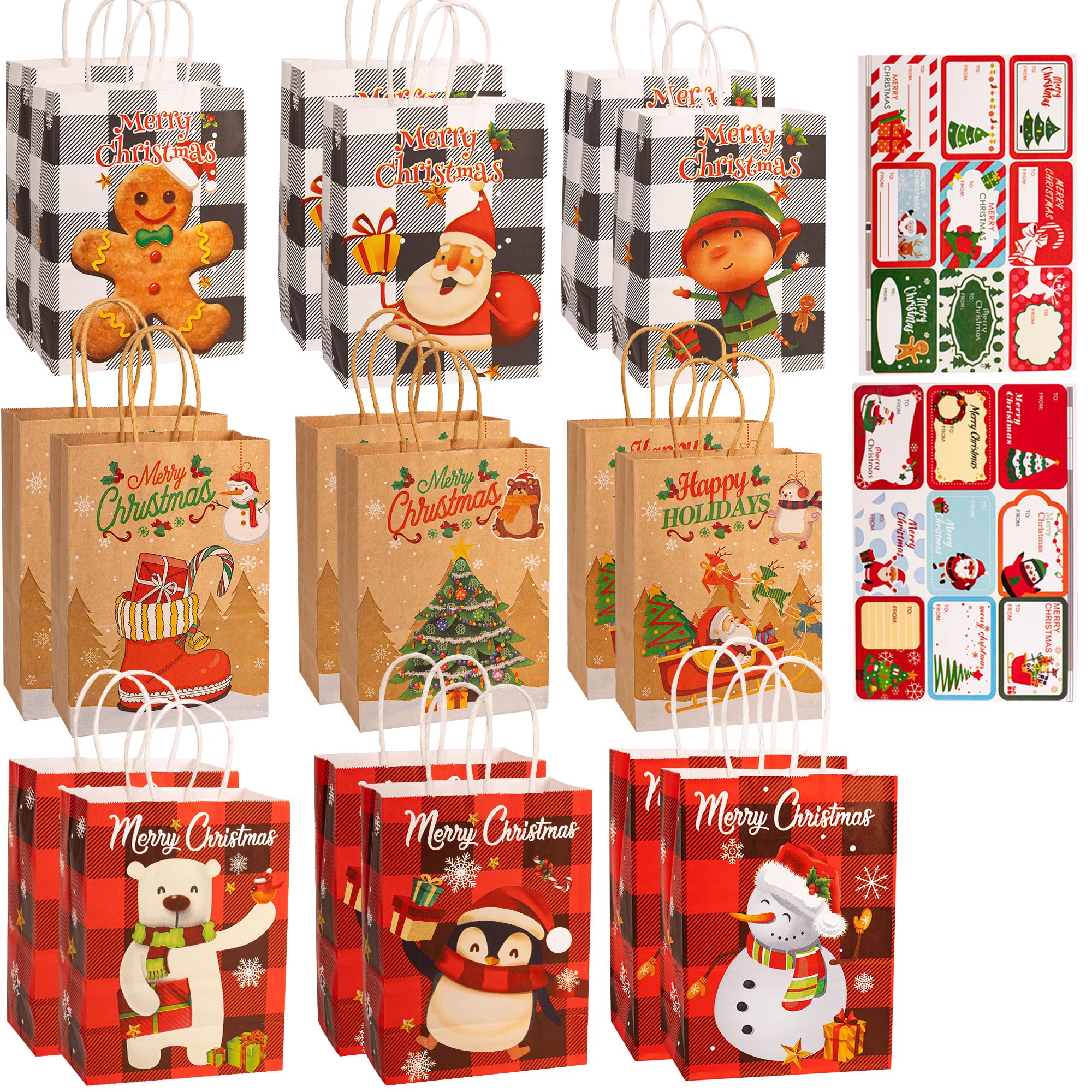 18pcs Small Christmas Paper Gift Bags 15x21cm Kraft Xmas Gift Wrapping Bag with Tags Handle, Gift Bags for Christmas Party Presents Xmas Goody Treat Sweet Candy Favors Bag for Kids Adults โ image 1