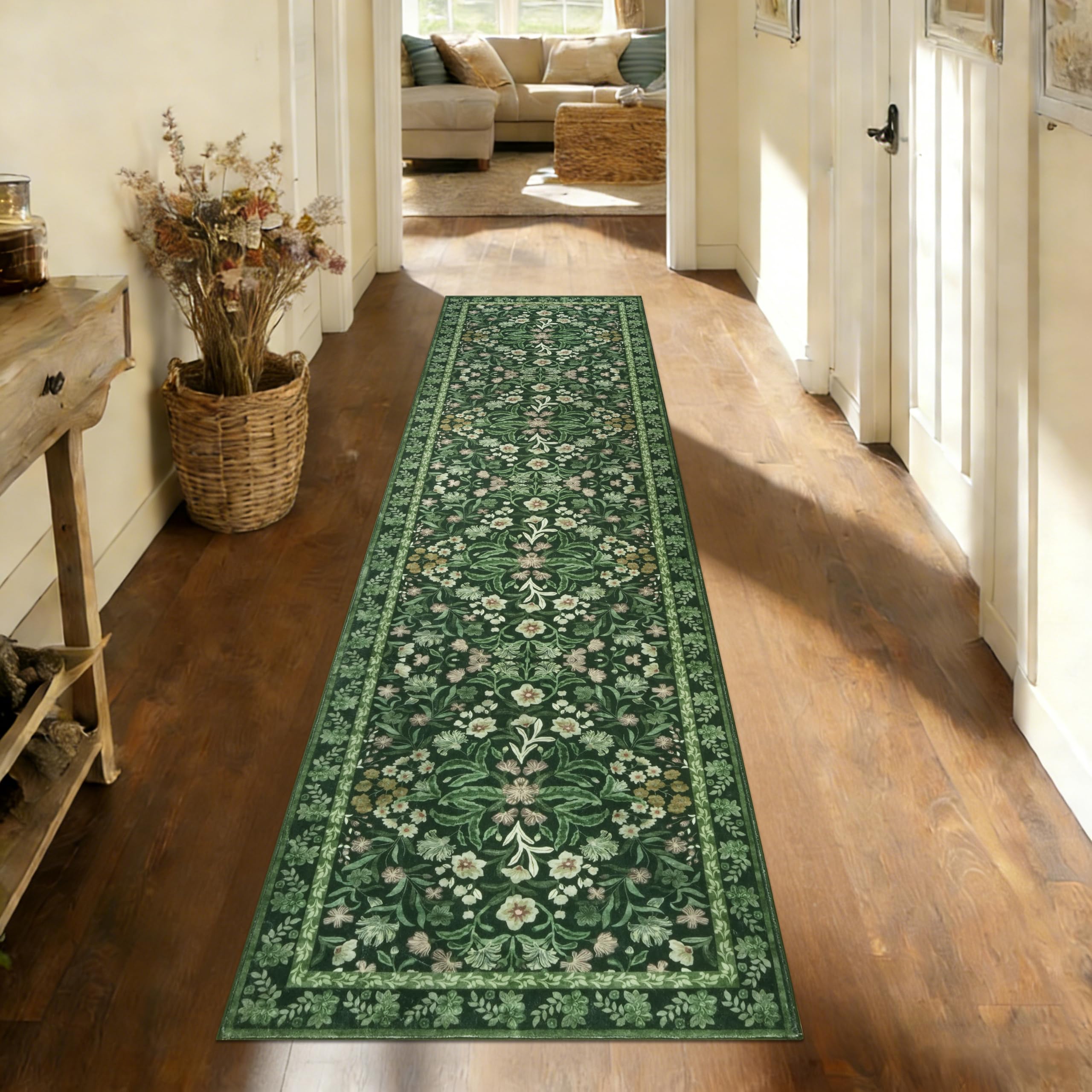 Edlbaegy Carpet Runners for Hallways Washable Floral Hallway Runner Rug Green 65x240cm Boho Non-slip Kitchen Runner Floor Mat Low Pile Floor Carpet for Entrance Laundry Bedroom
