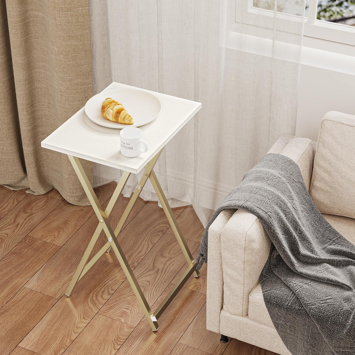 foldable tv trays, small folding table, tv trays set of 2, tv dinner tray, side table for bed, couch, portable easy to move, white & gold