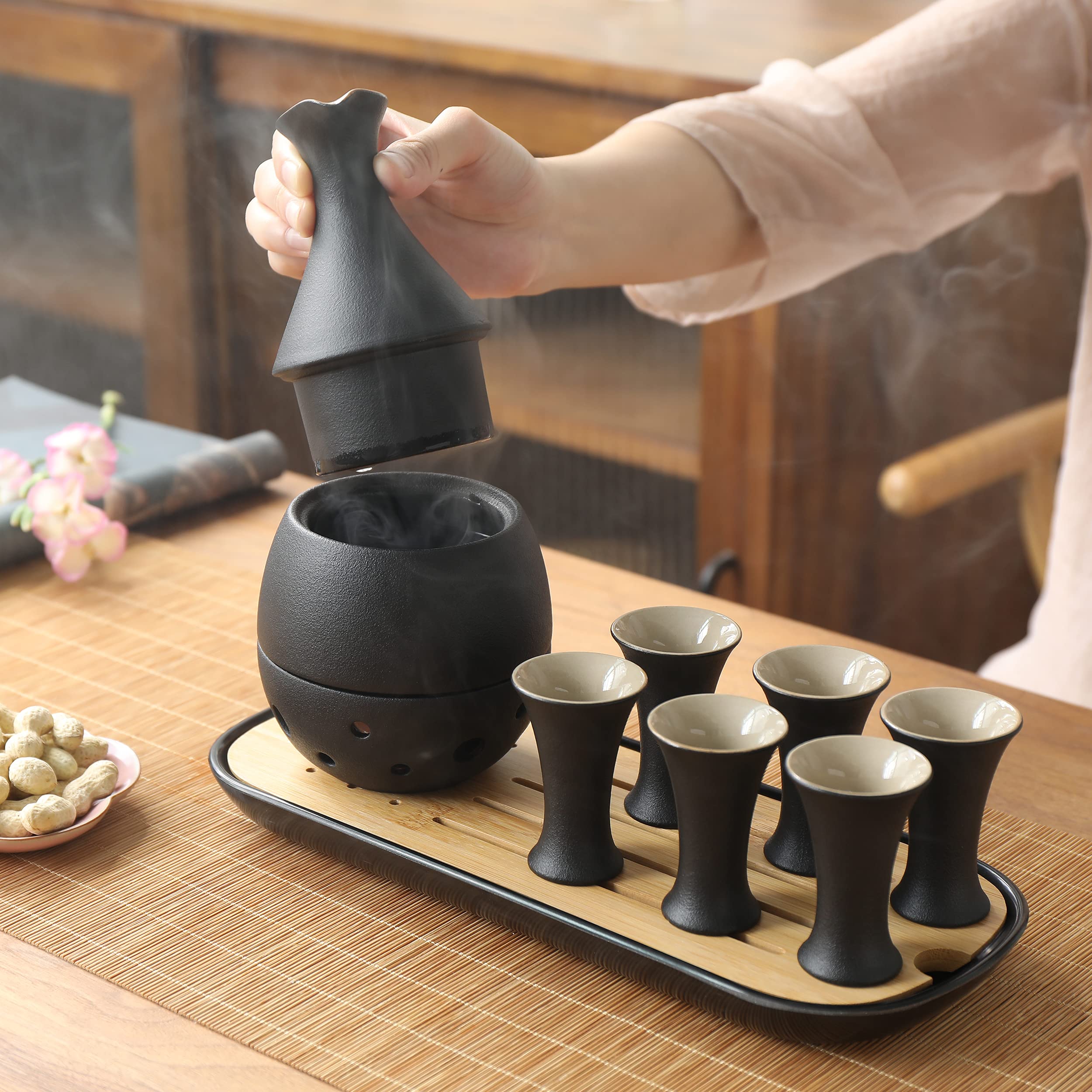 TEANAGOO Ensemble de saké japonais traditionnel, carafe à saké (170 ml) avec 6 tasses à saké (25 ml) pour liqueur de soju japonaise avec plateaux de service en bambou 10 pièces/ensemble