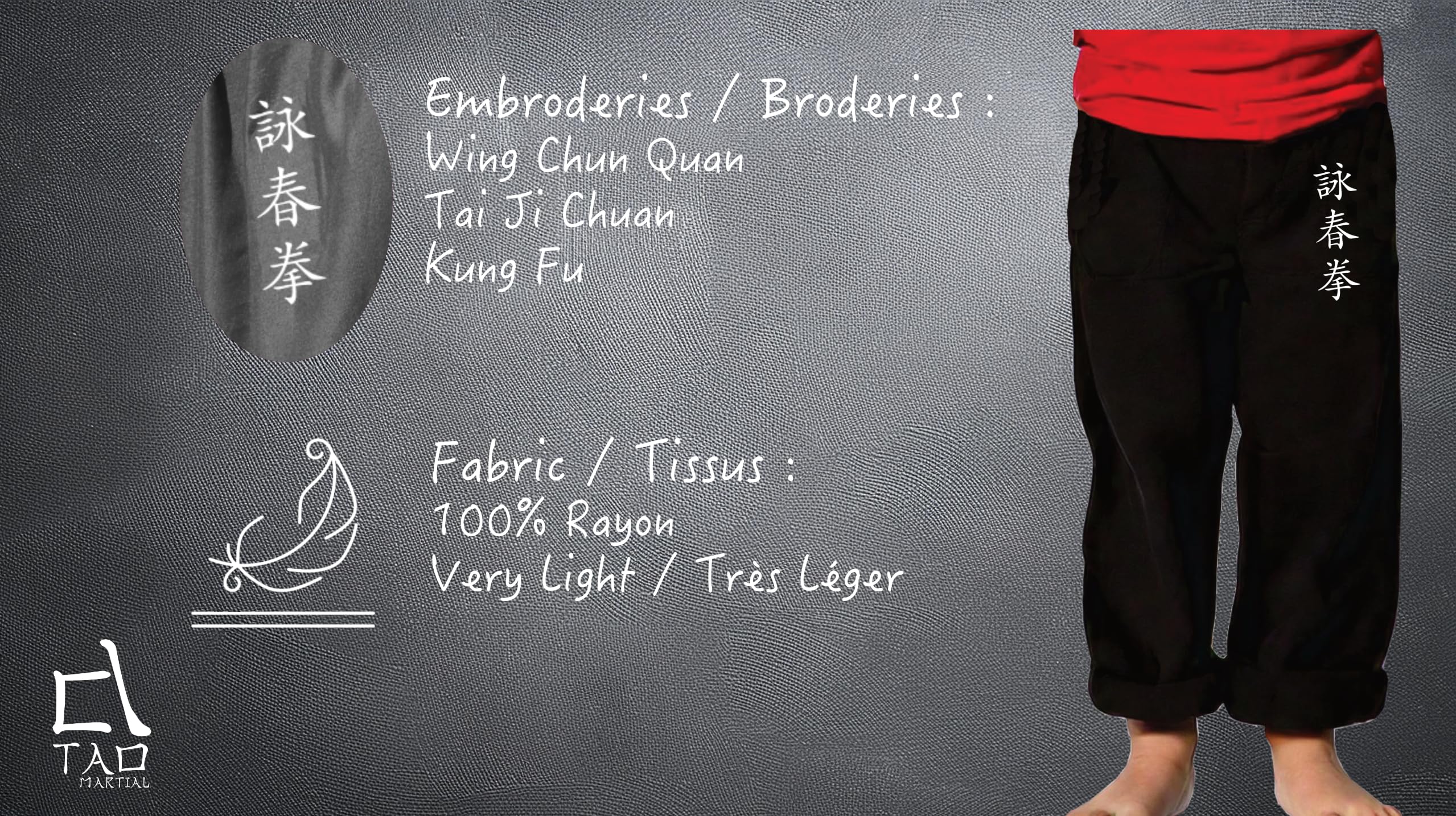 TAO MARTIAL Pantalon Kung Fu Enfant Style Tai Chi et Wing Chun Kimono Léger et Ample (FR/ES, Âge, 14 Ans, Taille Normale, Noir Kung Fu)