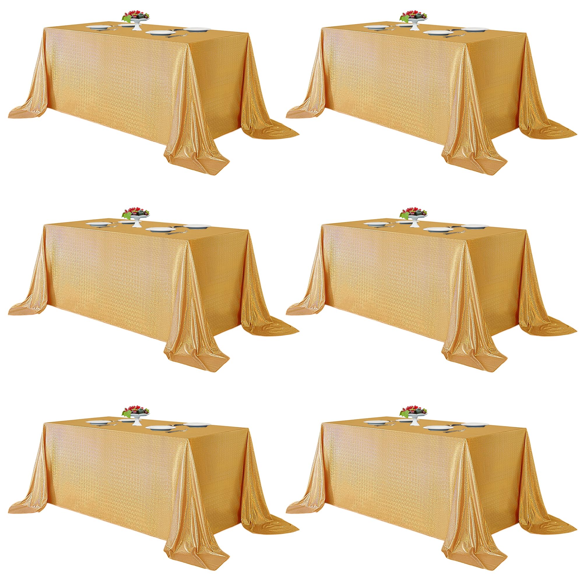 Photo 1 of Fitable 6 Pack Gold Sequin Tablecloth for Parties 60x102 Inch - Sparkle Glitter Table Cloth Laser Rectangle Table Cover Overlay for Wedding Baby Shower Ceremony Birthday Cake Table Banquet Decoration 60x102 inch | 6 Pack Gold