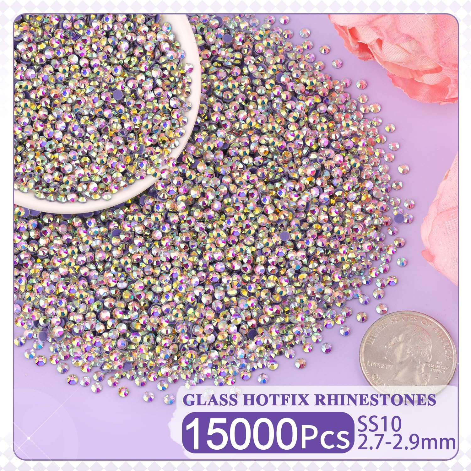 15000Pcs Hotfix Rhinestones for Clothing, AB SS10 Iron On Flatback Glass Gems,Bedazzler Crystals Rhinestones for Crafting Clothes Hats Shoes Fabric Bedazzling Decor Nail Art