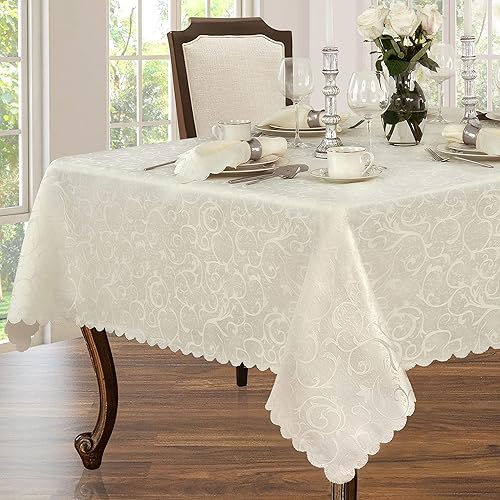 Miniatura 3 de Newbridge Mantel de tela de damasco festoneado Portofino de Acción de Gracias, 60 x 102 pulgadas, rectangular, marfil, resistente a las arrugas y a