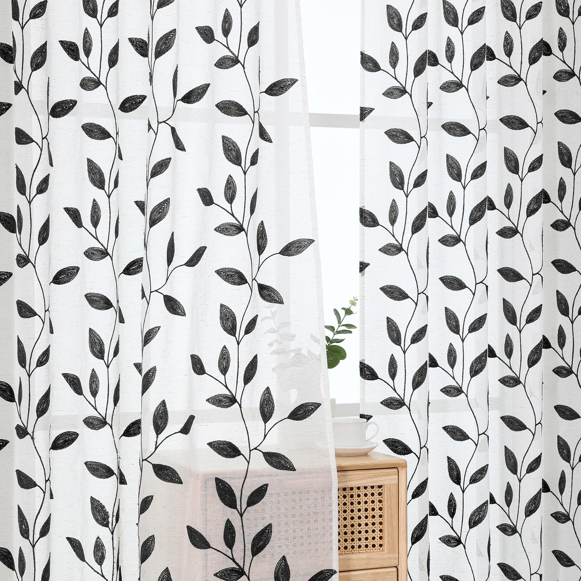 Grey Sheer Curtains - Embroidered Leaf Drapes -10 Grey Sheer Curtains - Embroidered Leaf Drapes -10