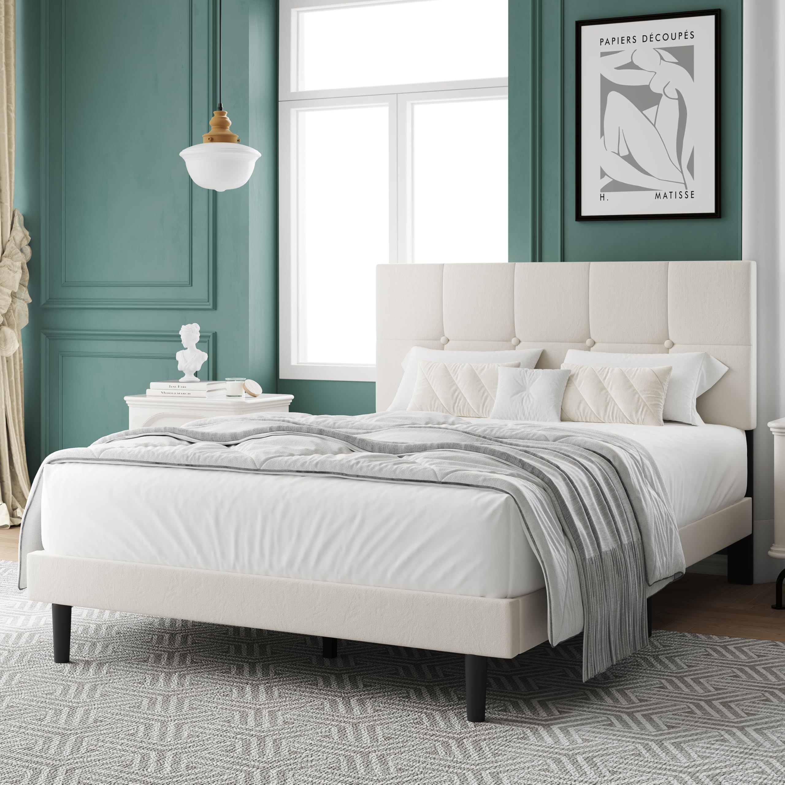 Full Size Bed Frame, Full Size Platform Bed Frame with Headboard, Upholstered Headboard, Sturdy Wooden Slats, Noiseless No Box Spring Required, Easy to Assemble, Beige