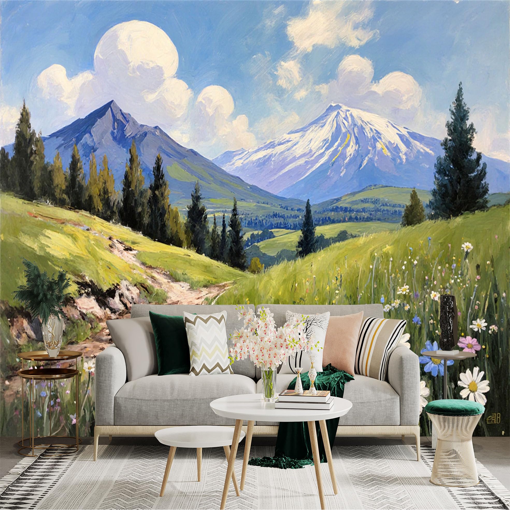 Custom Size Wall Sticker Mural， Mountain Landscape with Wildflowers and Snow Peaks， for wall Decoration， peelandstick wall Decals.