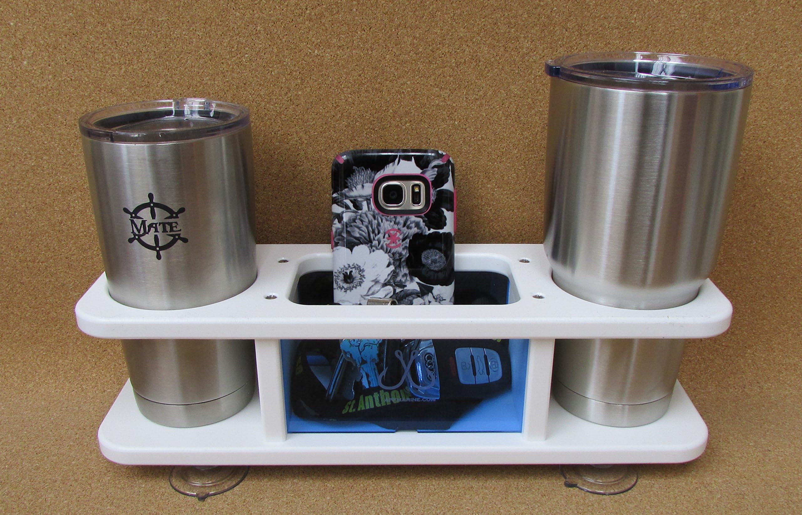 Two Beverage Cup Holder w Storage Box Catch All APF Marine w Blue