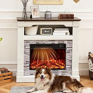 40" H Electric Fireplace with Mantel, LED Flame Effect,4800 BTU Heating Small to Medium Spaces 60-99°F,Overheat Protection,Remote Control,Freestanding (Off White)