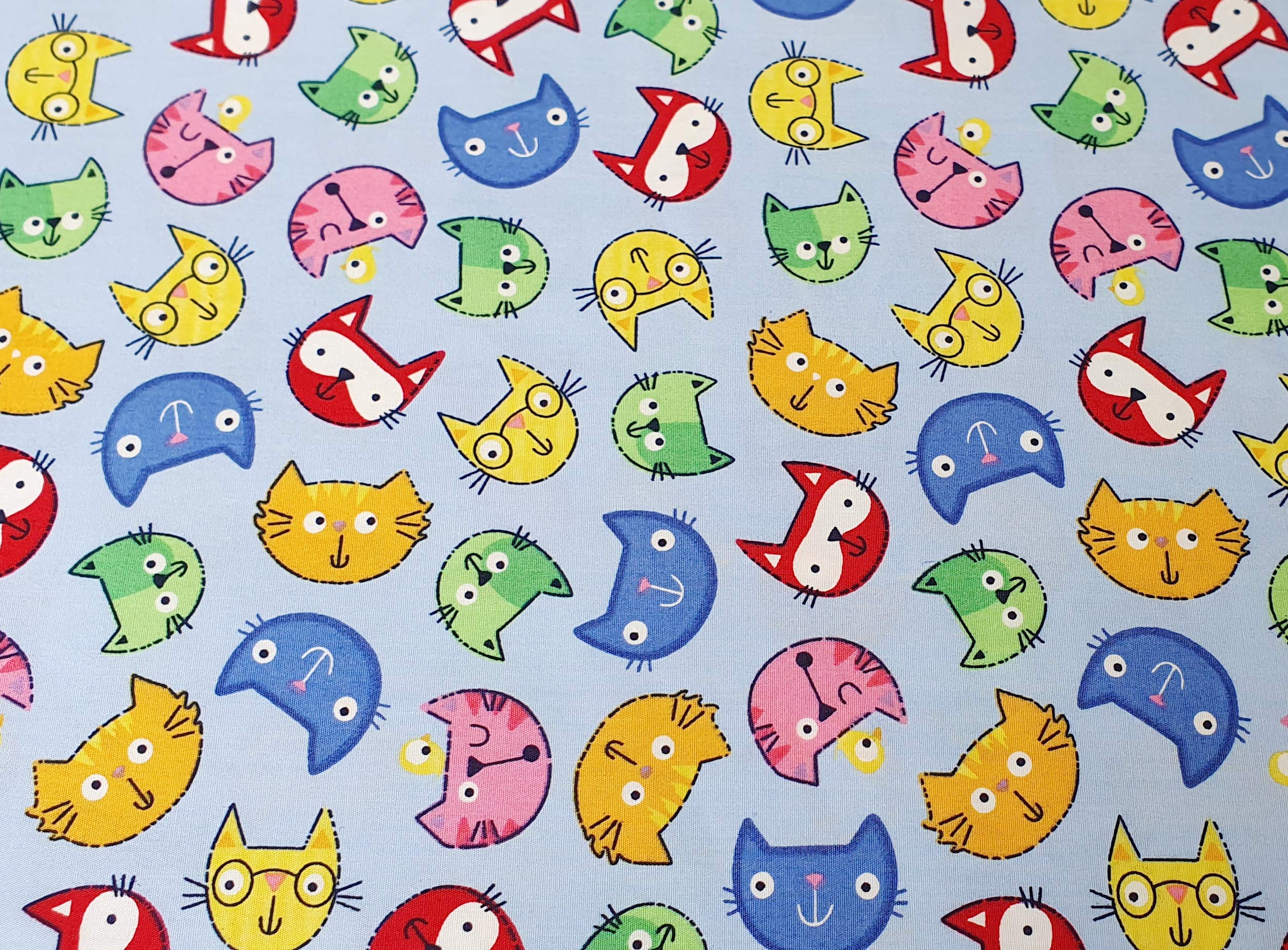 Oddies Multicoloured Cotton Poplin Kitty Cat Print Design - Sky Blue Background 110 Cm 100% Cotton Fabric -130 Gsm - Per Metre (Cp0844sky)