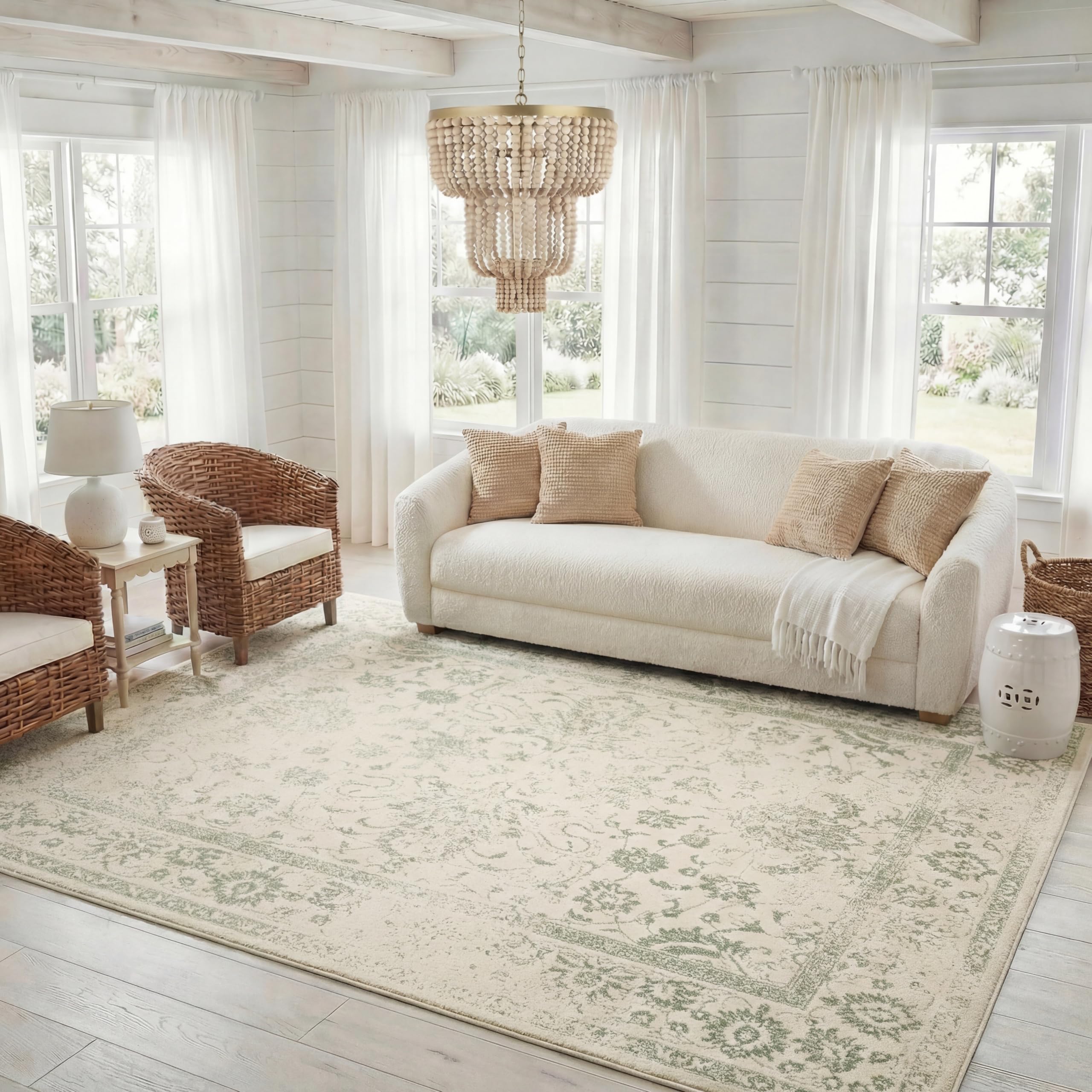 SAFAVIEH Area Rug 8x10 - Adirondack Collection - Large - Ivory & Sage, Distressed Vintage Floral Design