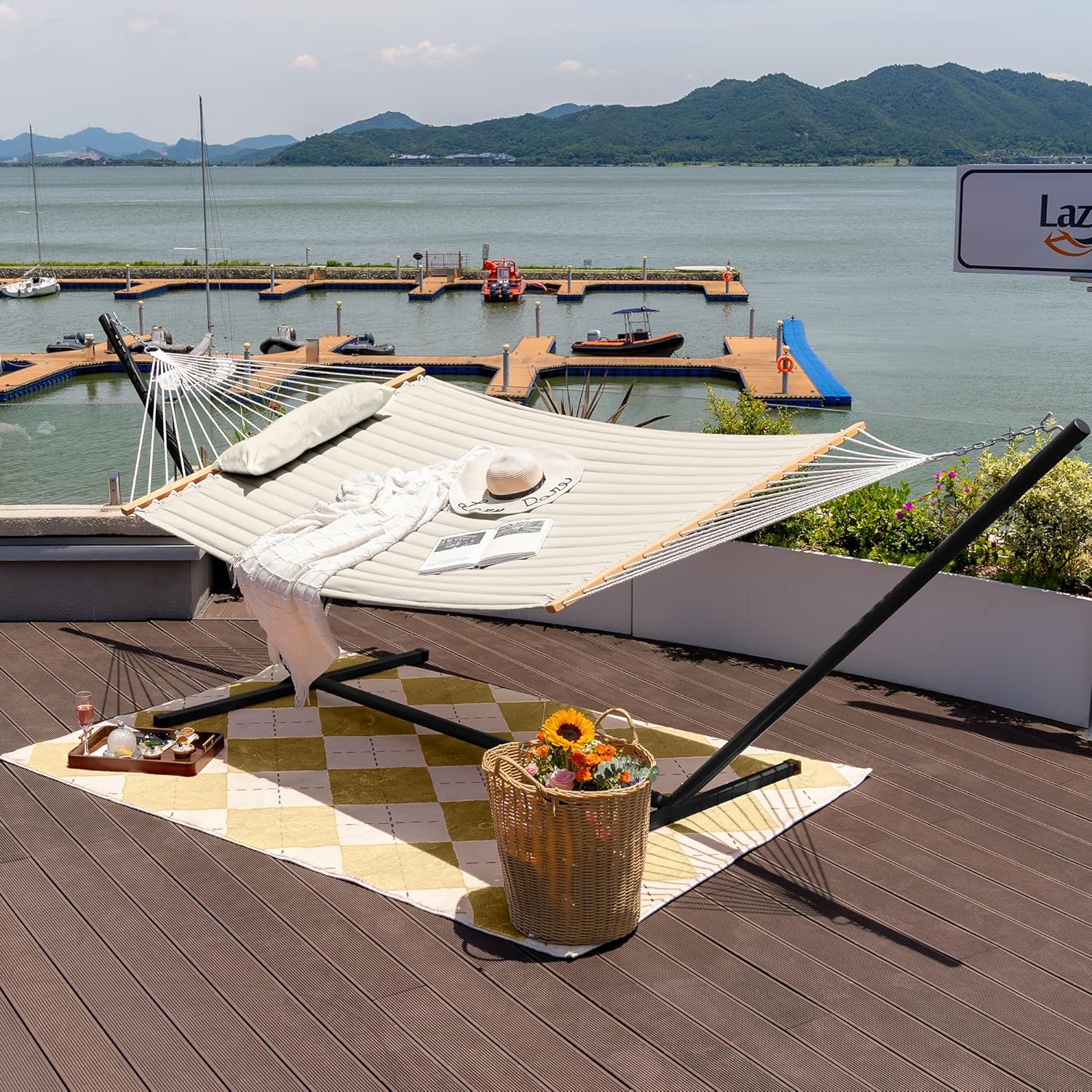 Lazy Daze Hammocks Double Quilted Hammock with Stand for Outside, 15 FT Heavy Duty Steel Stand, 2 Person Hammock for Porch Patio Garden Backyard, Max 450 lbs Capacity, Cream