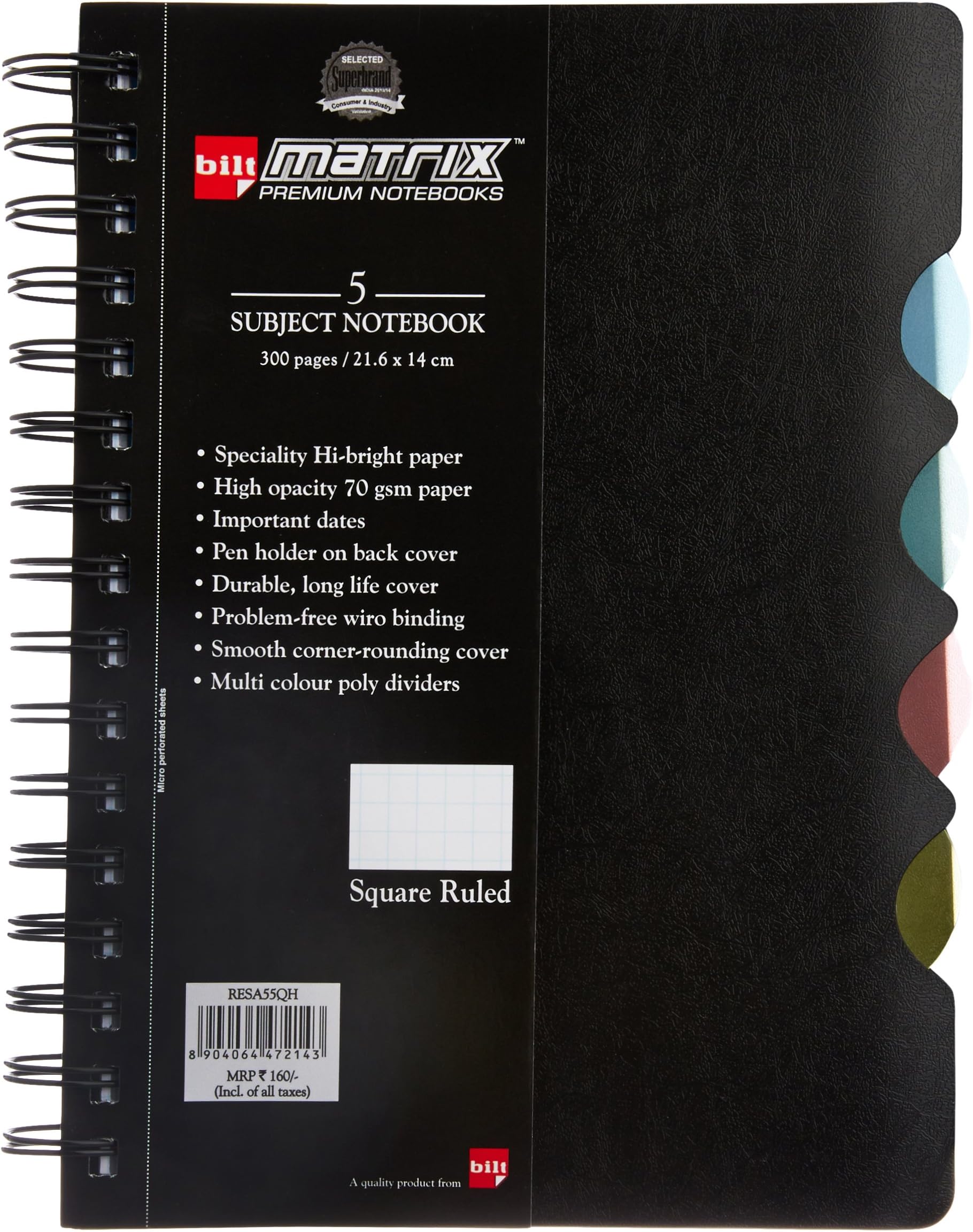 BILT Matrix Premium 5 Subject Notebook-A5, Square Ruled
