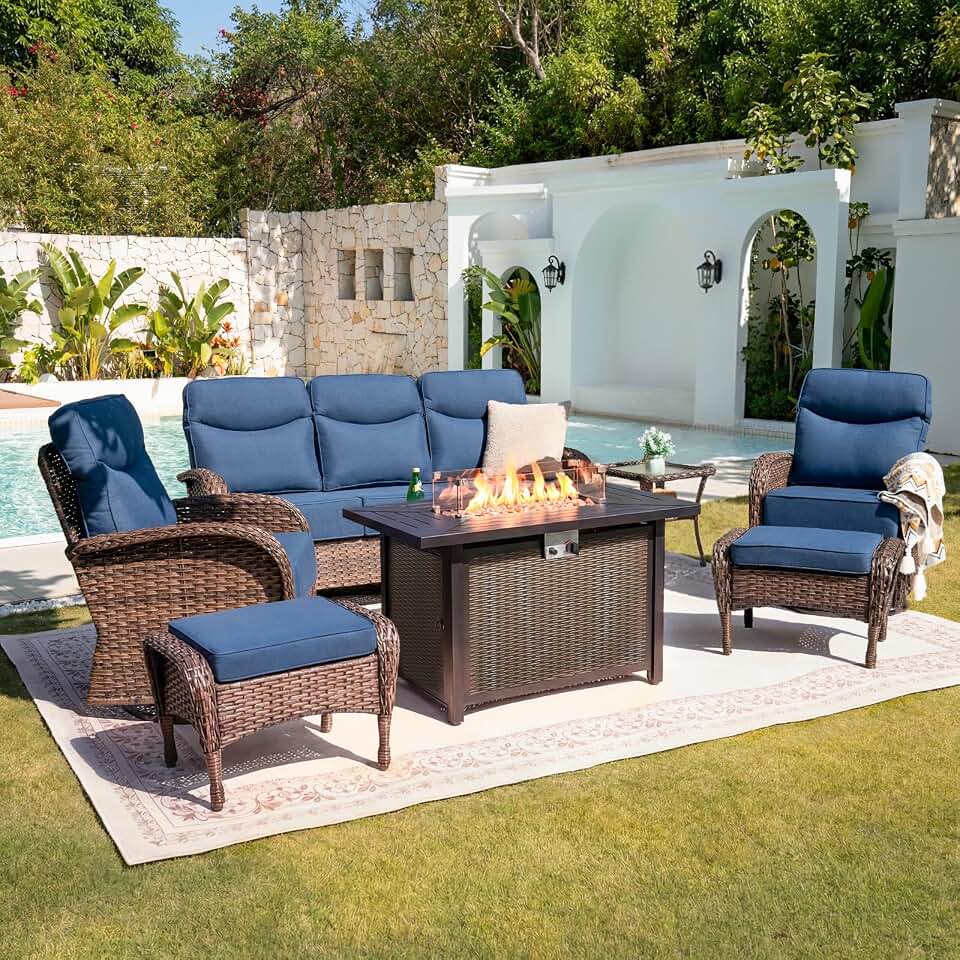 Belord Upgraded 6“ Cushion Luxury Patio Furniture Set with Fire Pit Table - 7 Piece Wicker Furniture Set with High Back Swivel Rocker Patio Chairs, Conversation Set for Deck Porch Yard - Brown/Blue Global Recycled Standard