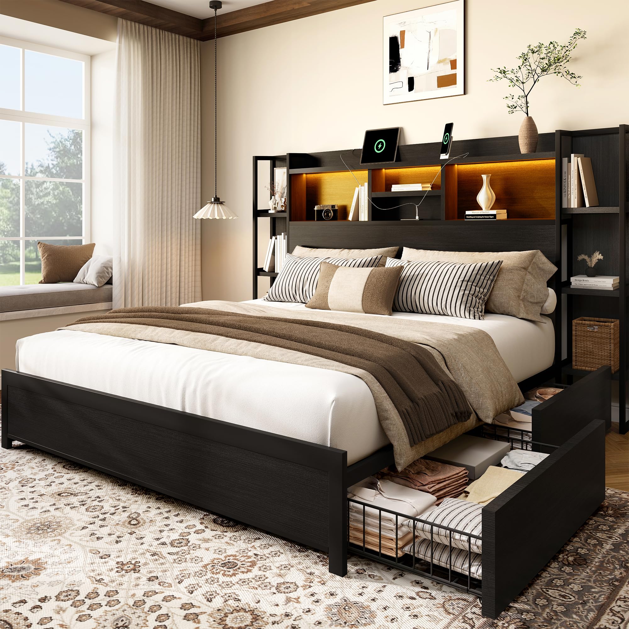 King Size Bed Frame with 4 Storage Drawers and Headboard Featuring Shelf Storage Wooden Platform Bed Frame with