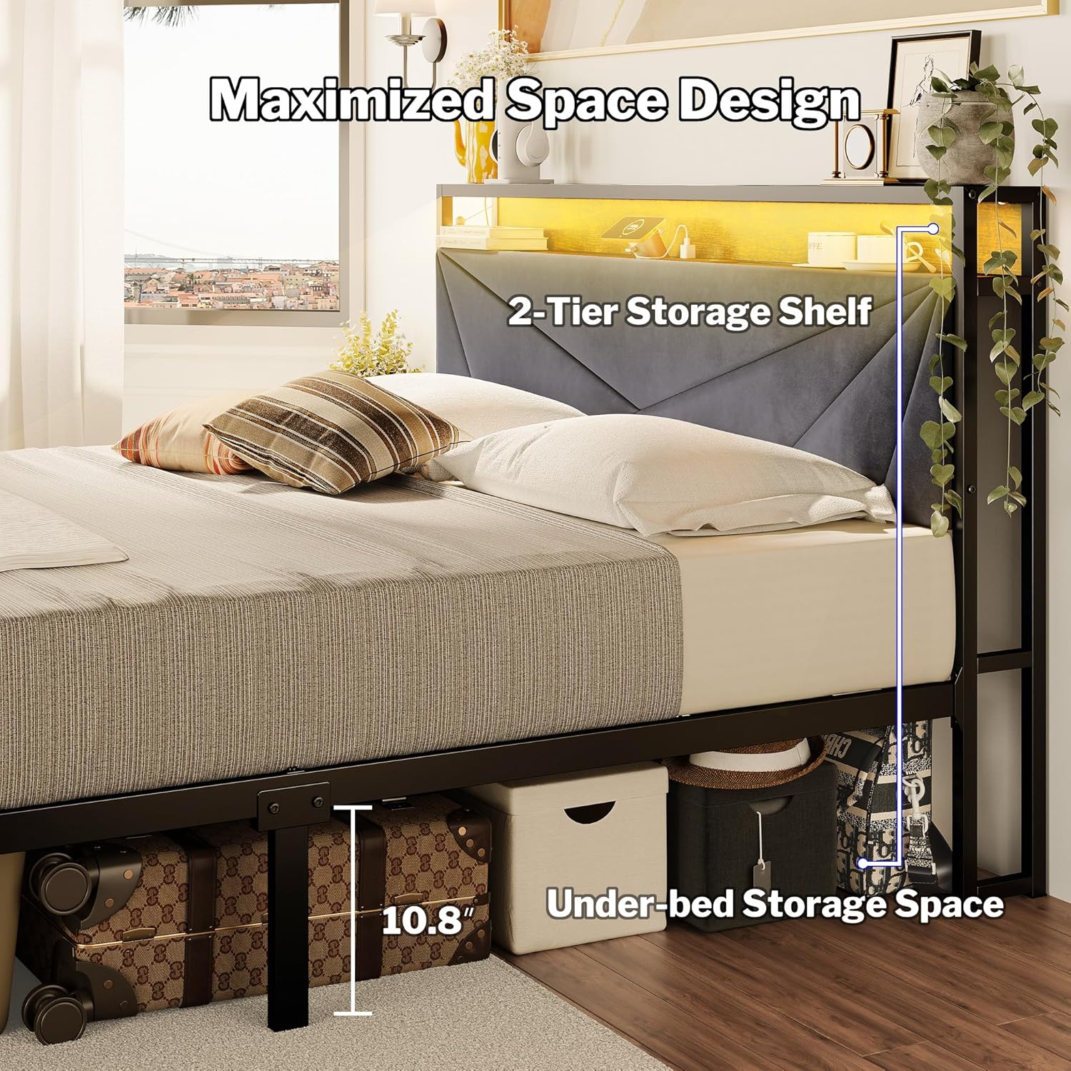 Queen Bed Frame with Headboard, Metal Platform Bed Frame Queen Size with Charging Station and LED Lights, Upholstered Bed Frame with Storage, No Box Spring Needed, Noise Free, Easy Assembly