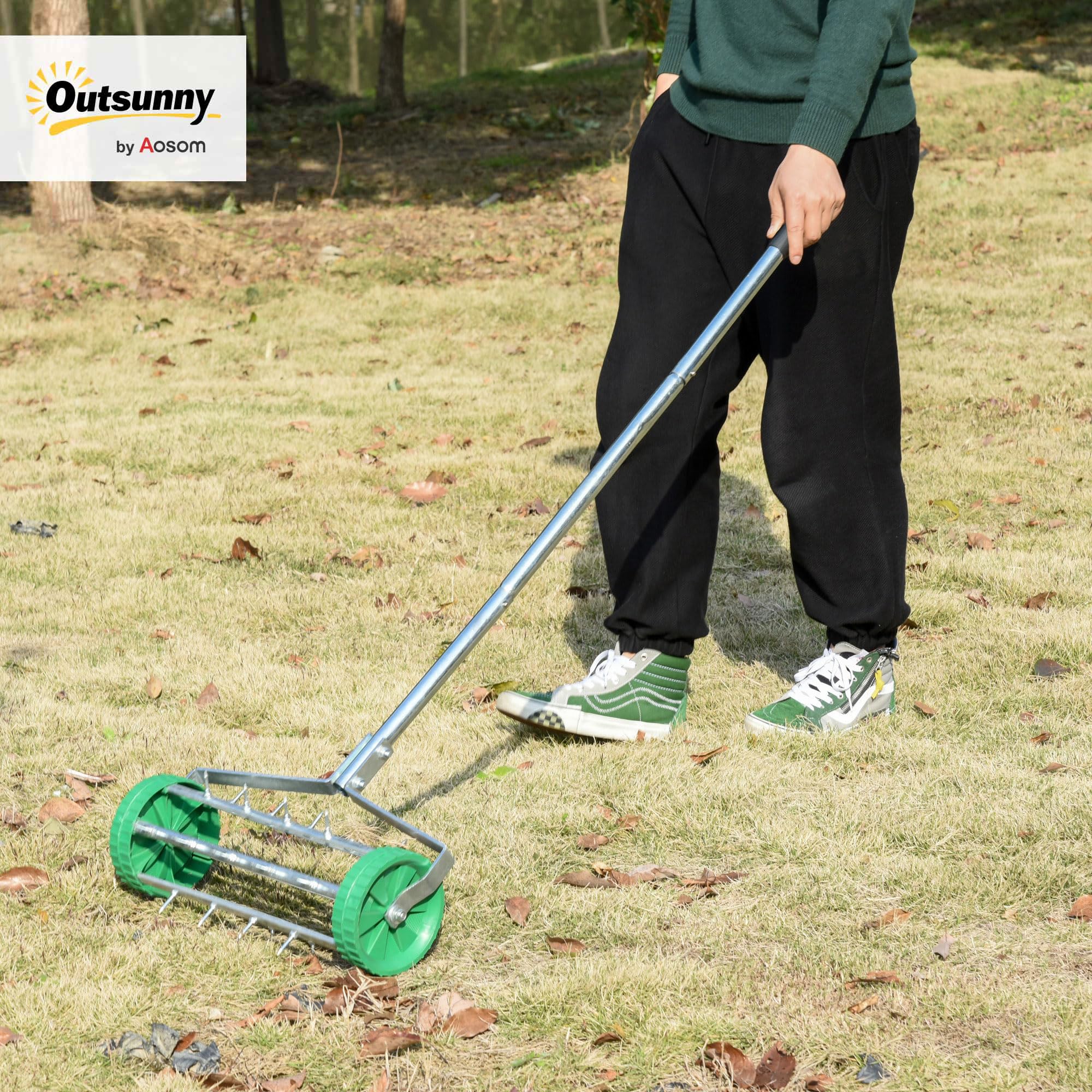 Outsunny Rouleau aérateur pour pelouse avec Manche télescopique, 98 x 45 x 87 cm, Vert