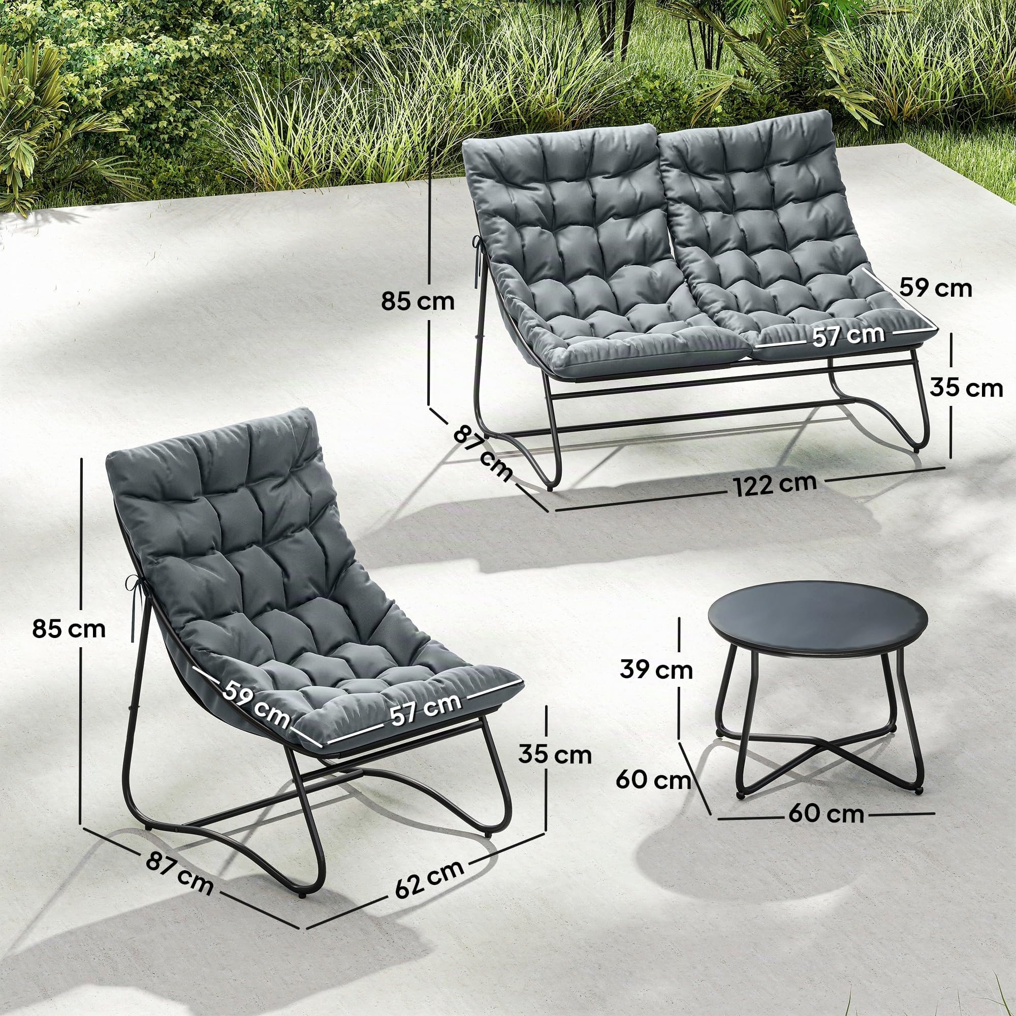 Outsunny - Salón de jardín, 4 piezas, con cojines gruesos, 8 cm, acero gris | Conjunto de muebles al aire libre, Textilene transpirable, mesa de café de vidrio templado, terraza balcón moderno