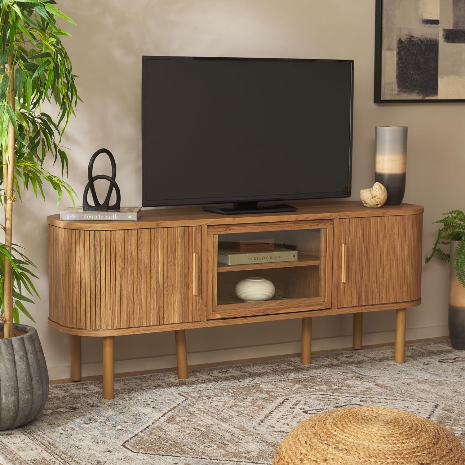 SAFAVIEH Tealla TV Stand for up to 65" Flatscreen – Oak Brown & Gold, 2 Tambour Sliding Doors, Glass Lift Door with Interior Shelf, Entertainment Media Console (MED9635D)