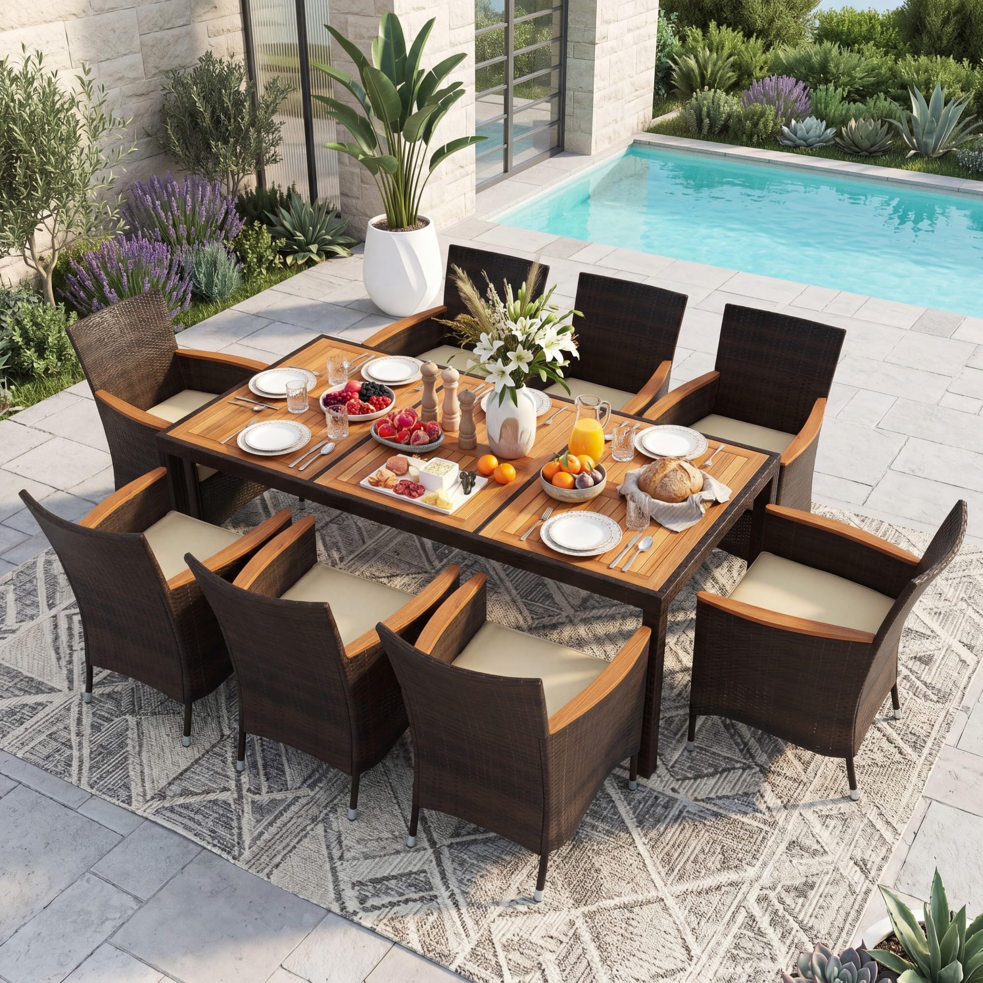 SOARS Set da Giardino Esterno 9 Pezzi, Tavolo e Sedie da Giardino in PE Rattan con Foro per Ombrellone 5 CM, Salotto da Esterno con Cuscini Morbidi per Terrazza e Patio, Portata 180 KG e 150 KG