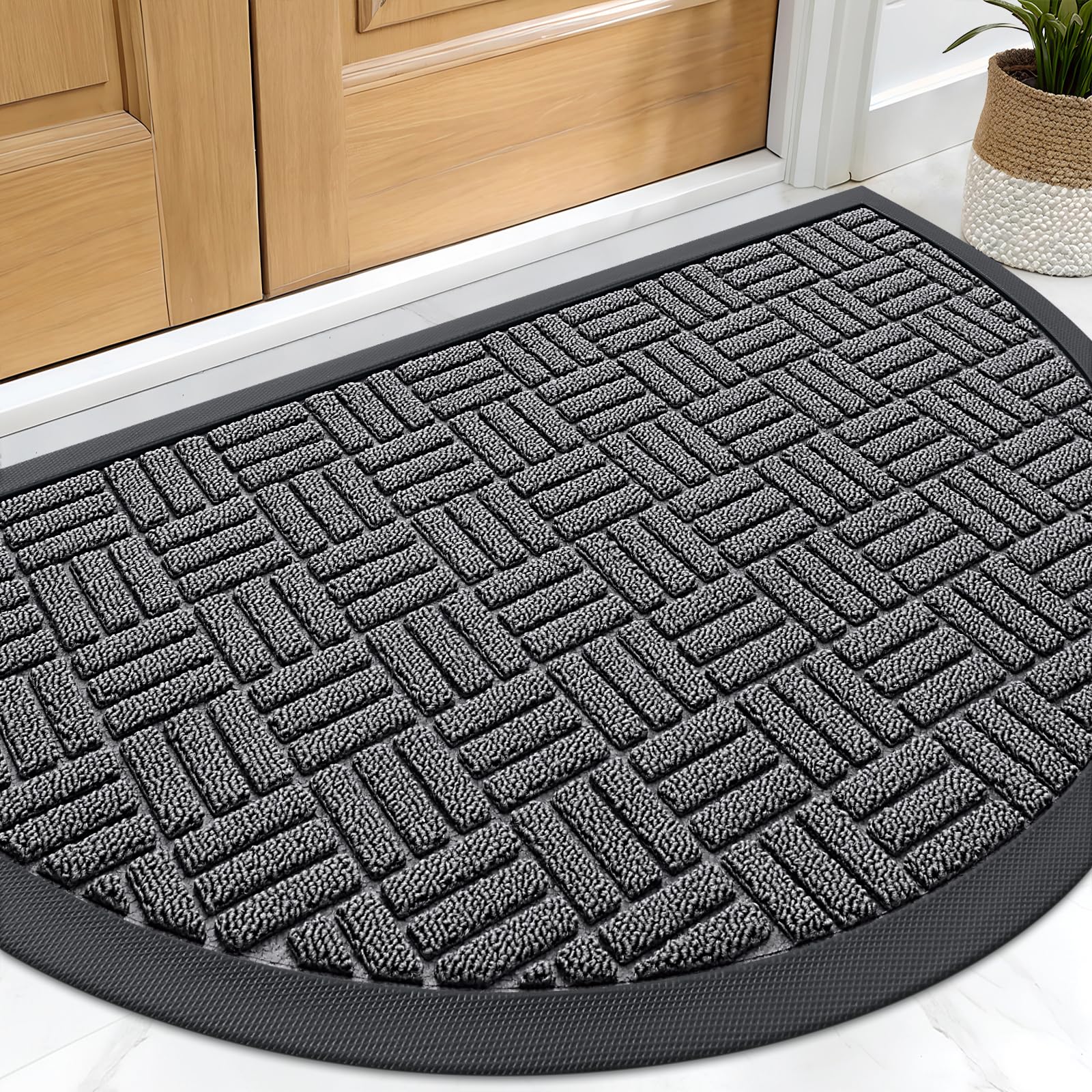 OLANLY Half-Circle Front Door Mat 29.5x17, Heavy-Duty Rubber Doormat | Grey, Absorbent, Stain and Fade Resistant, Non-Slip Backing, Low-Profile Indoor Outdoor Floor Mat for Entrance and Entryway
