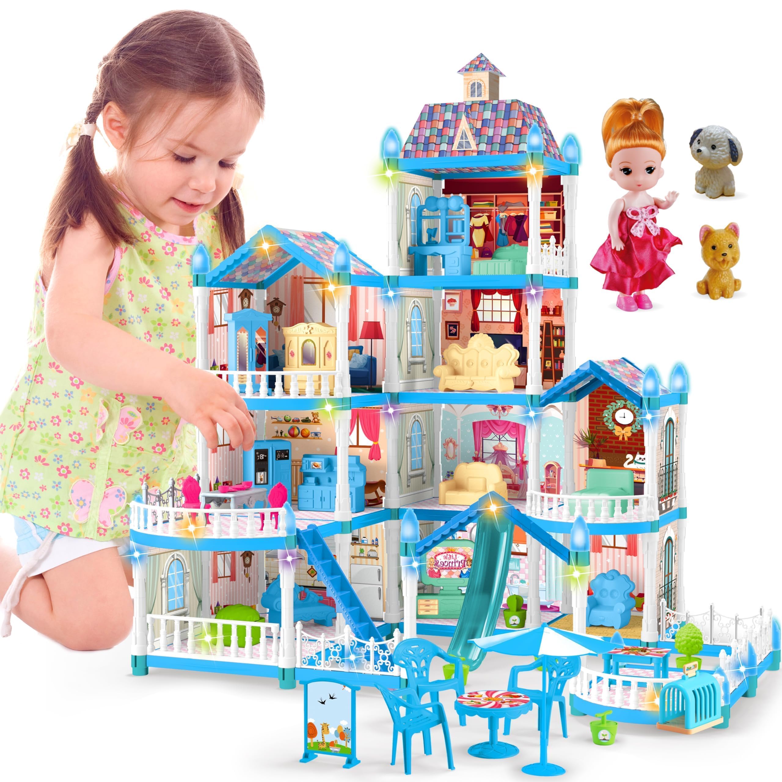 OCTERIC Doll House for Girls ,10 Rooms Blue Doll House with Dolls Figure, Puppies ,Furnitures, Accessories, LED Light, Toddler Playhouse Gift for for 3 4 5 6 7 8 9 10 Year Old Girls Toys