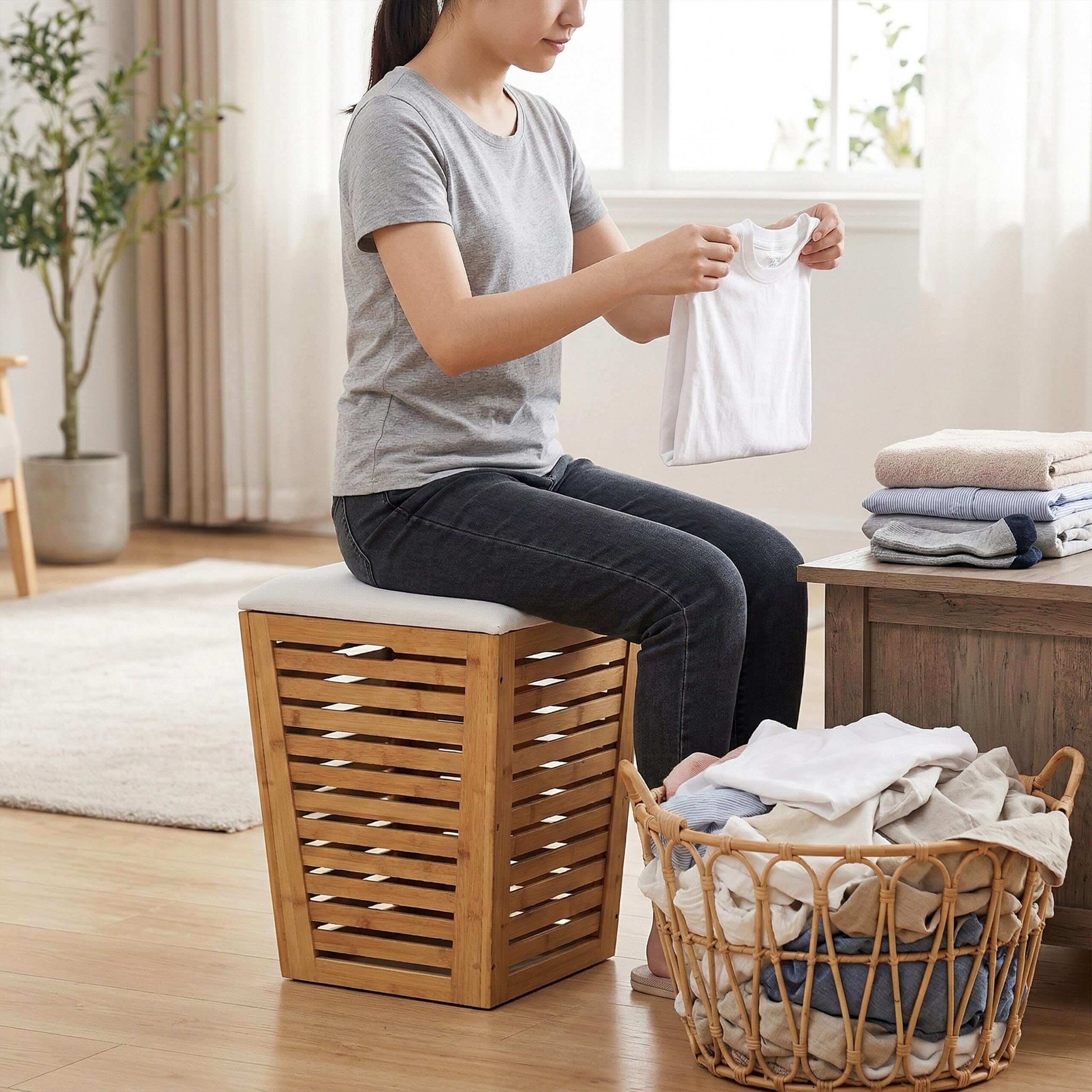 Relaxdays Corbeille à Linge siège avec Rangement 55L 56x40x40 cm en Bambou et Tissu Naturel crème