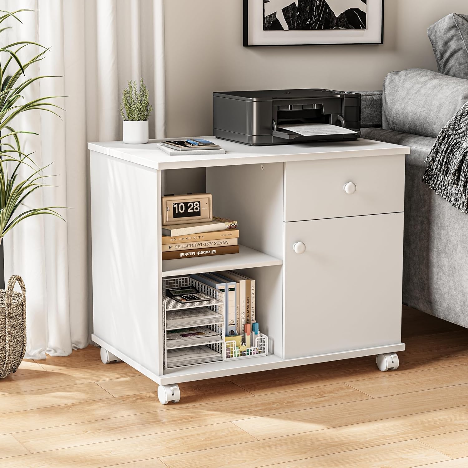 rolling file cabinet mobile filing cabinets with doors, adjustable shelves storage cabinet, lateral printer stand with drawer for office supplies mobile filing cabinet white