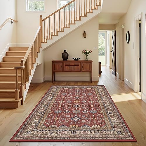 Miniatura 4 de Rugland Alfombra de 3 x 5 pies, resistente a las manchas, lavable, antideslizante, para sala de estar, alfombras tribales vintage (TPR10-borgoña, 3