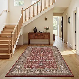 Rugland 4x6 Rug - Stain Resistant Washable Rug, Anti Slip Backing Rugs for Living Room, Vintage Tribal Area Rugs (TPR10-Burgundy, 4'x6')