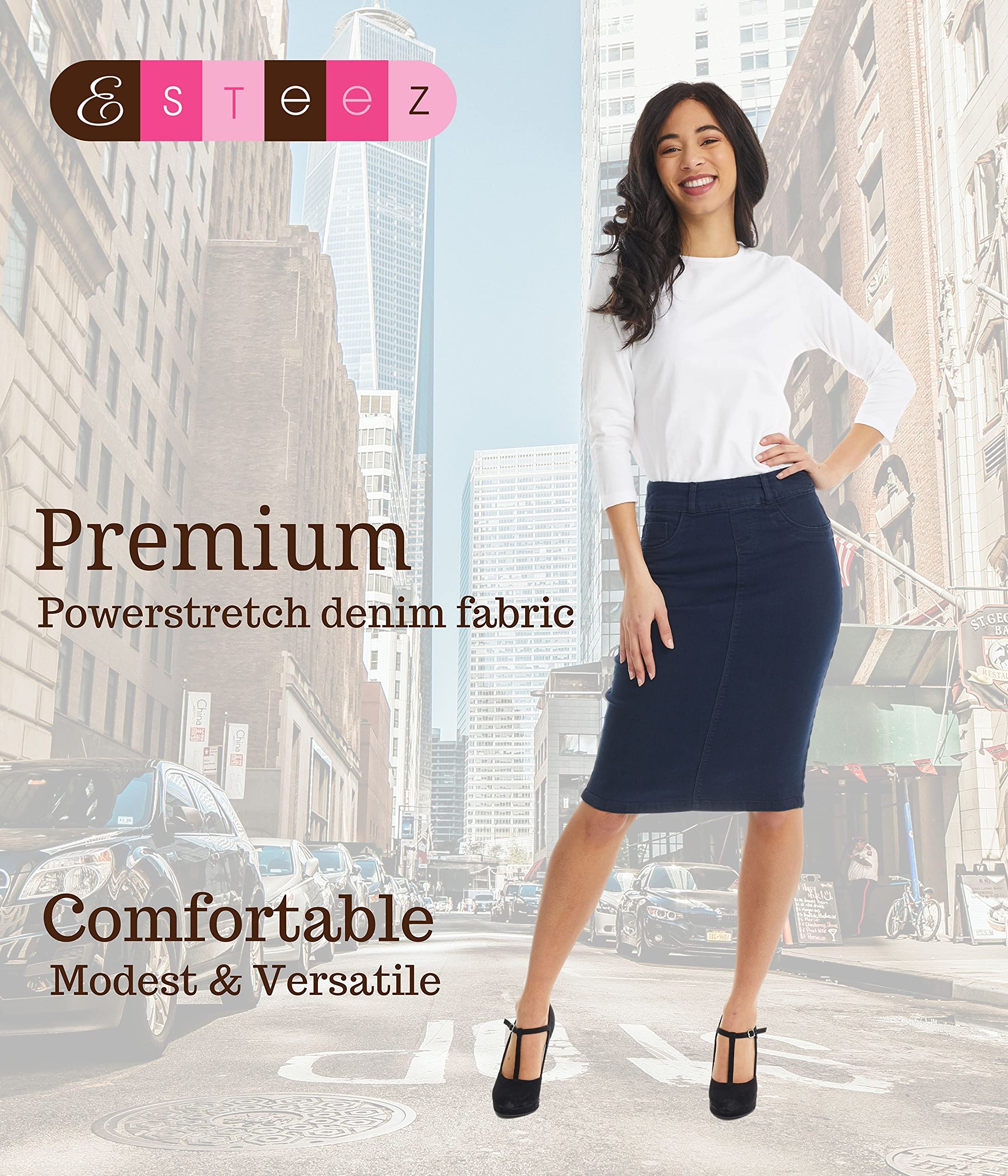 ESTEEZ Women's Denim Pencil Skirt- Stretch Jean Knee Length – Brooklyn
