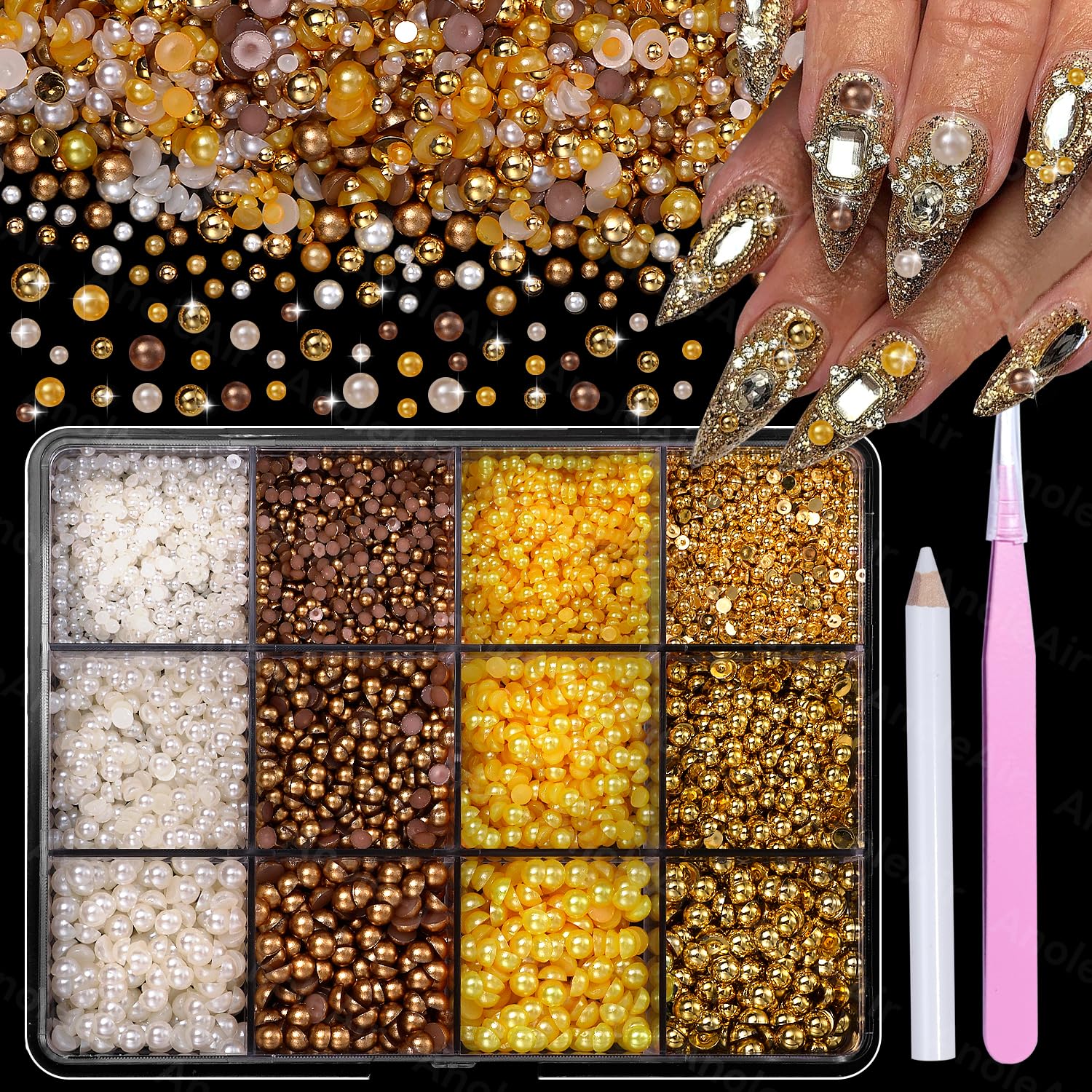 Gold White Yellow Pearls 3D Nail Charms, Small White Flat Back Pearls Nail Art Jewelry Gold Yellow Pearls Nail Beads Gems for Women Nail Manicure DIY