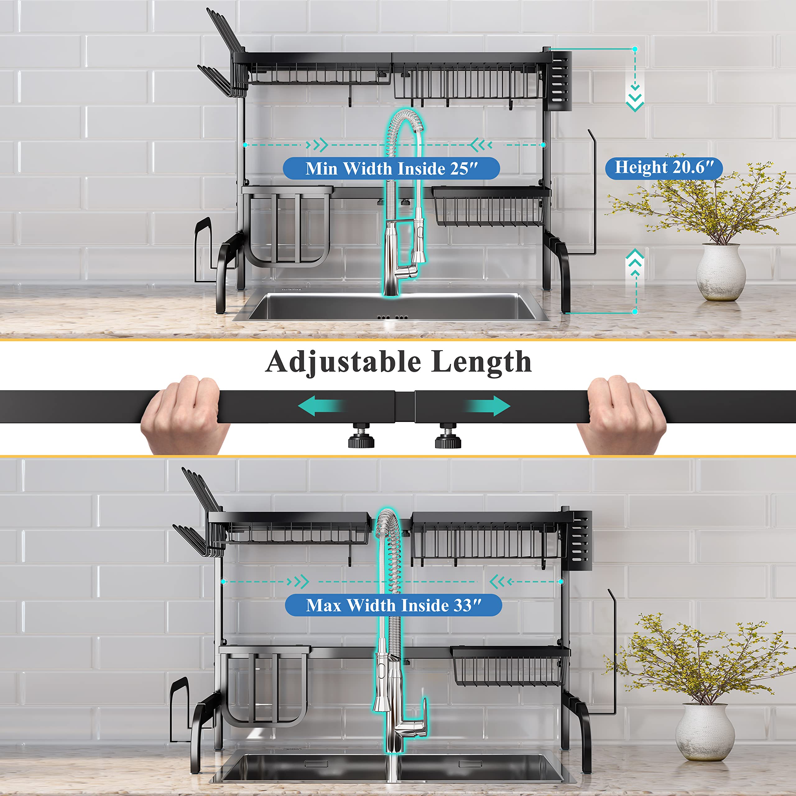 SAYZH Over the Sink Dish Drying Rack 2 Tier Width Adjustable (25.5"33.