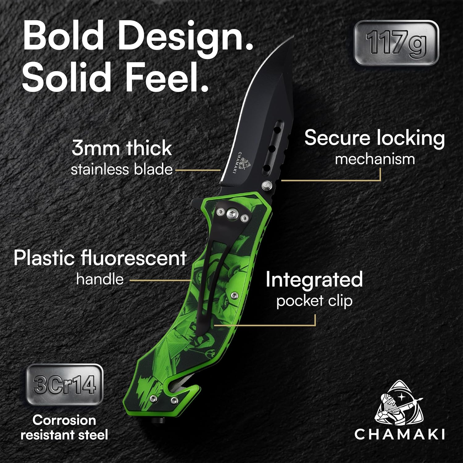 Rescue Pocket Knife – Manual Folding Knife Glow in the Dark Handle with Glass Breaker, Seatbelt Cutter, Stainless Steel Blade EDC for Emergency, Camping & Outdoor Use