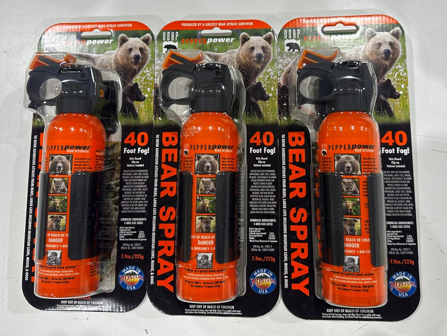 UDAP SOG3 Bear, Mountain Lion, Dog, Coyote, and Moose Spray with Griz Guard Holster 40 Foot Powerful Fog Deterrent. 3 Pack