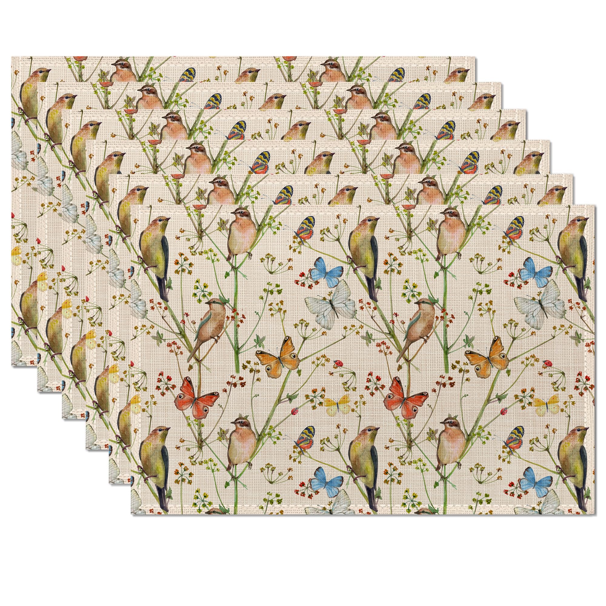 Birds Branches Flowers Placemats Set of 6,Table Mats Non-Slip Heat Resistant Washable Placemat for Party Kitchen Dining Table Decoration Indoor Outdoor