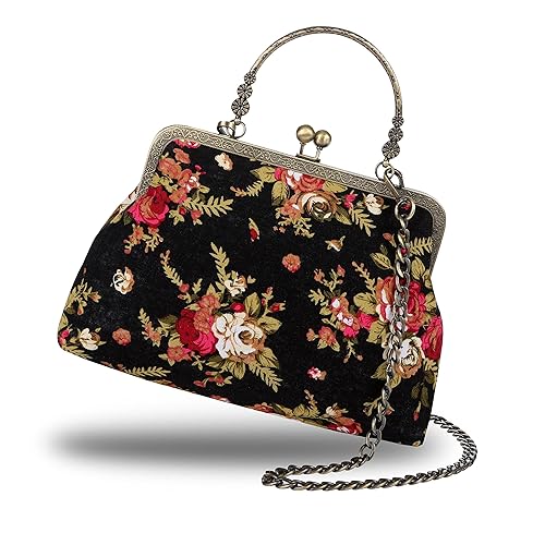 Floral Top-Handle Handbag, Kiss Lock Evening Bag for Women, Vintage