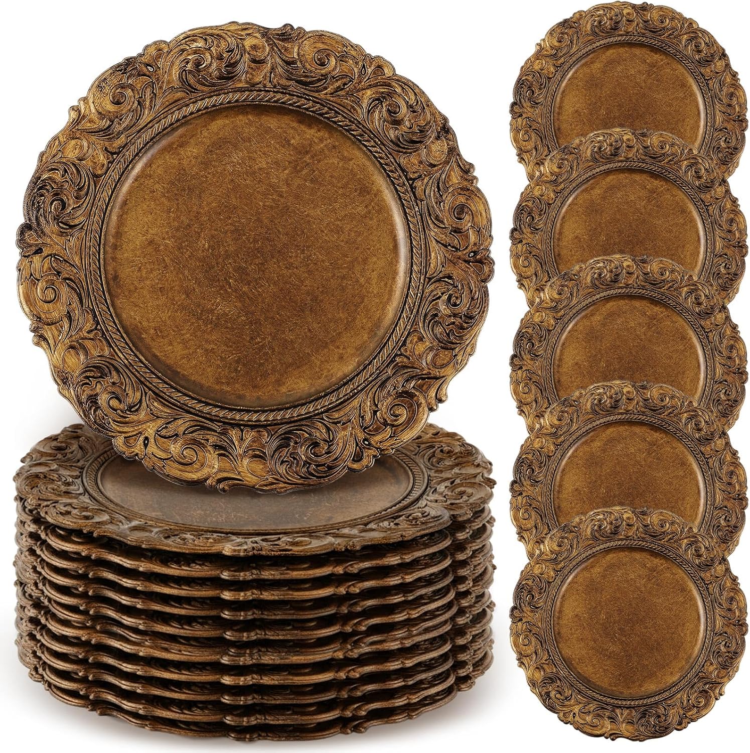 30 pcs antique gold charger plates bulk 13 inch embossed rim plastic round decorative vintage plates charger for dinner wedding party event table setting decoration (classic) classic antique gold 30