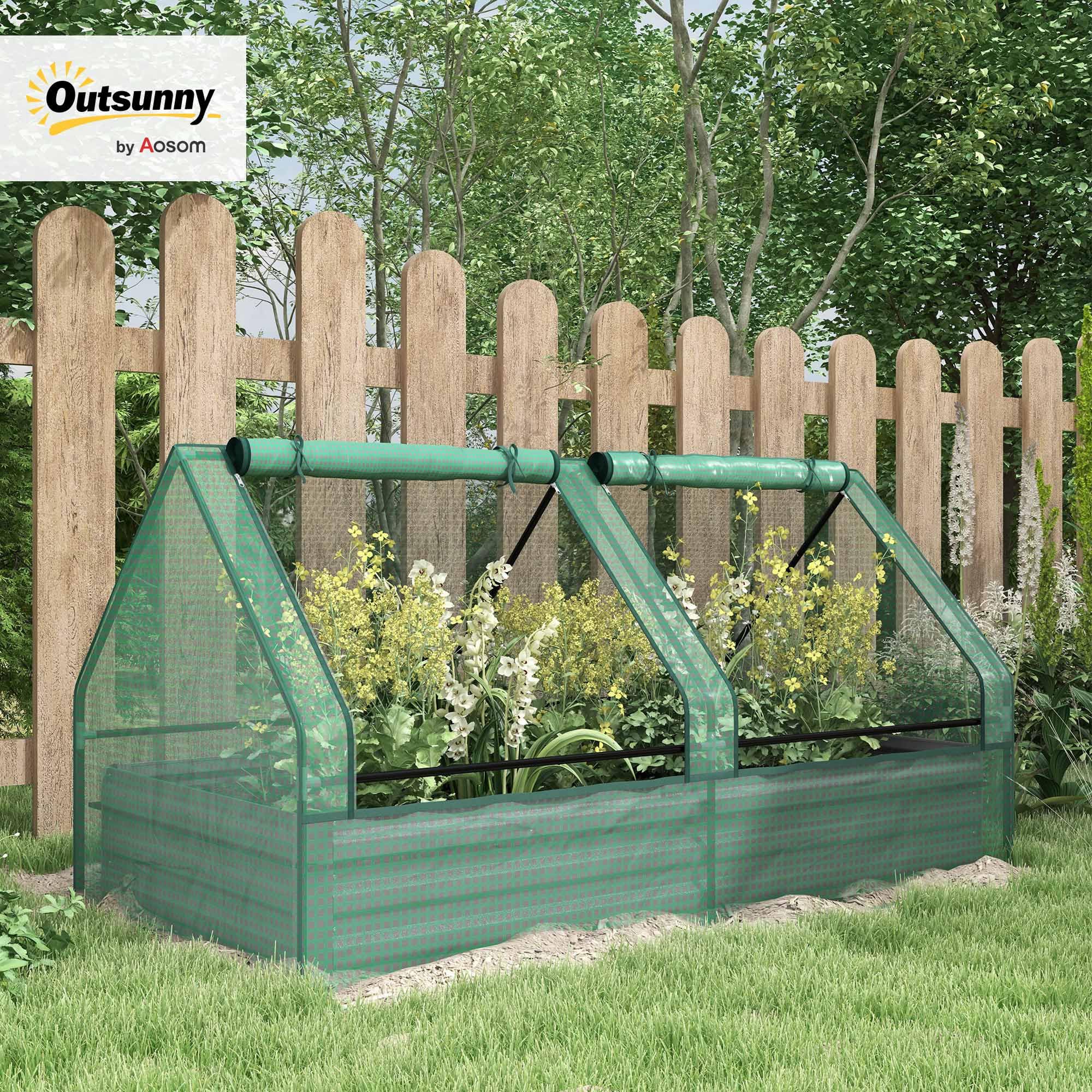 Outsunny Jardinera Exterior Grande con Mini Invernadero, Huerto Urbano de Acero Galvanizado con Base Abierta, Resistente a la Intemperie, para Patio, Terraza, Balcón, 185x95x92 cm, Gris y Verde