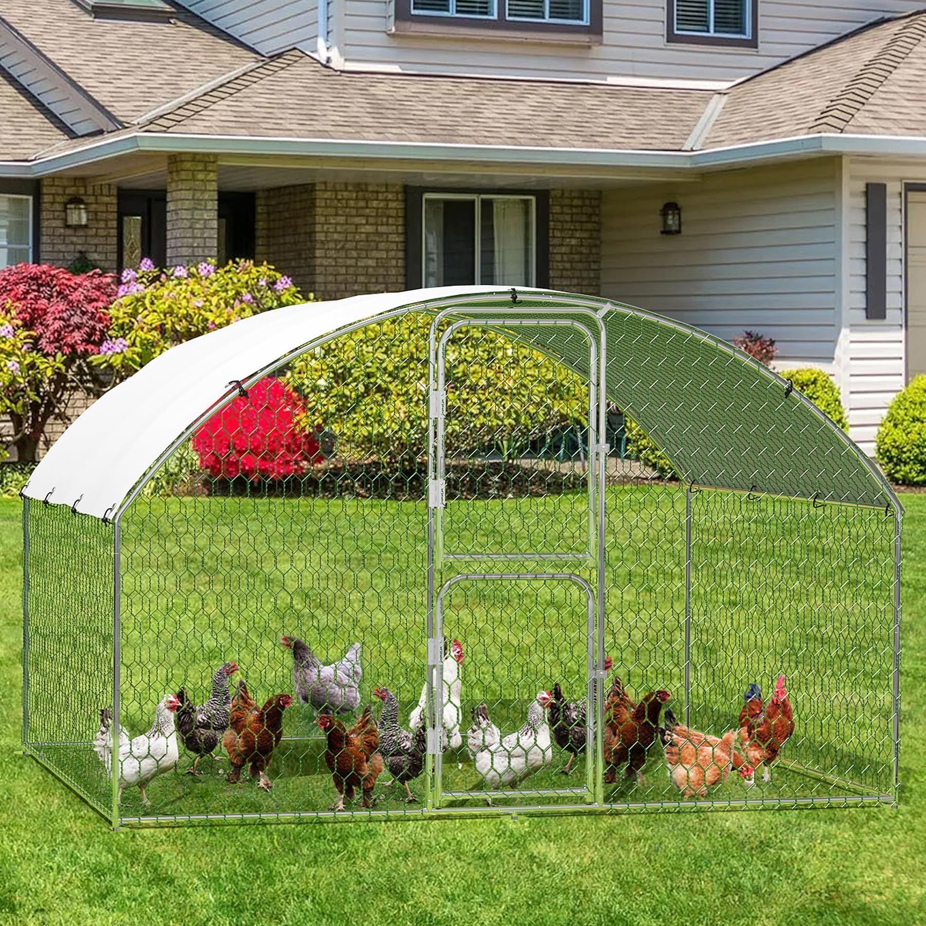 large metal chicken coop, walk-in poultry cage, chicken run pen house with waterproof & anti-ultraviolet cover chicken coop run with double lockable doors for outdoor and backyard 9.8 x 6.5x 6.6ft