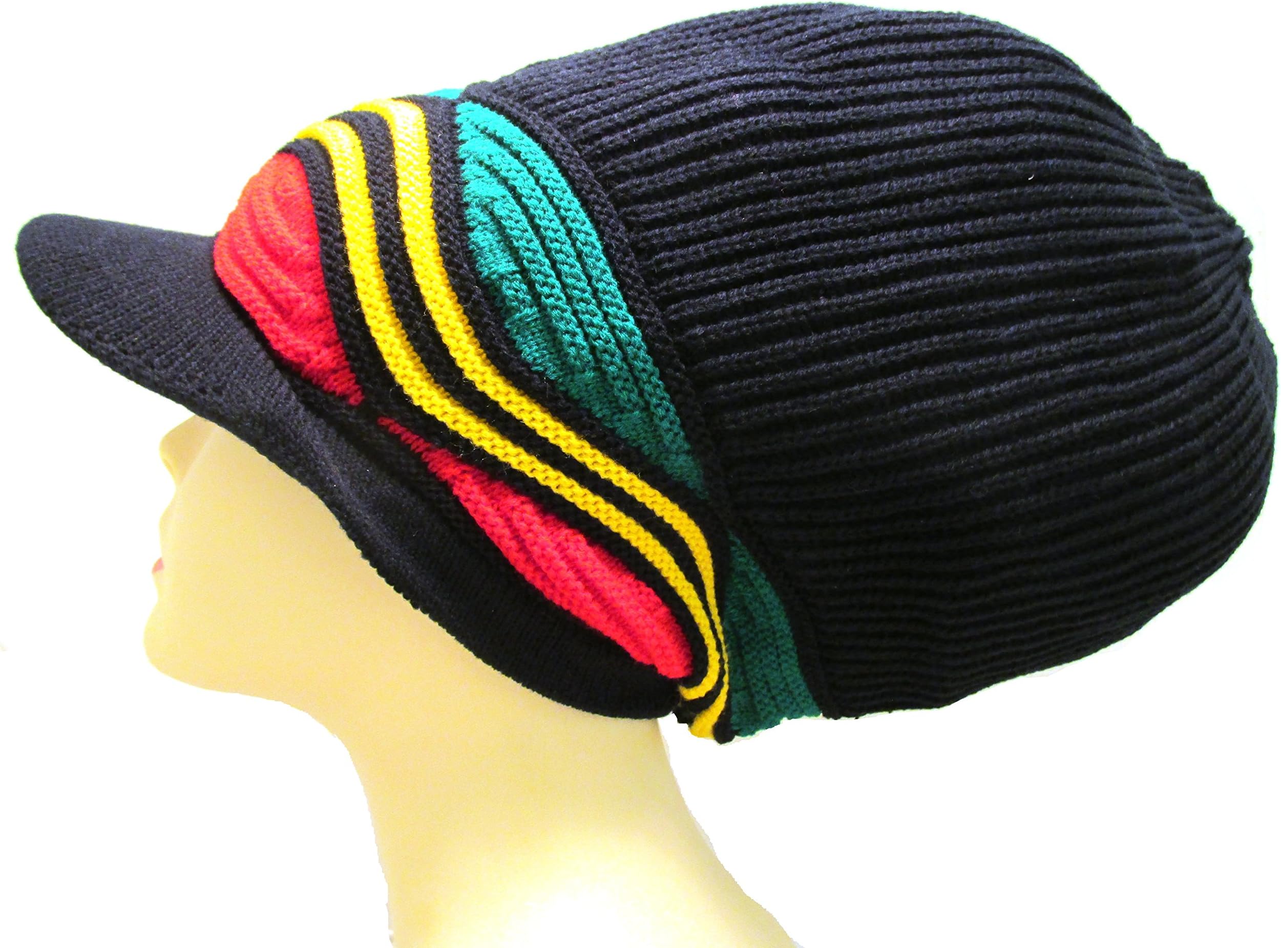 SSK Rasta Dread Knit Tam Hat - "Dreadlocks Cap" (Medium Length Red/Yellow/Green Waves, with Brim)