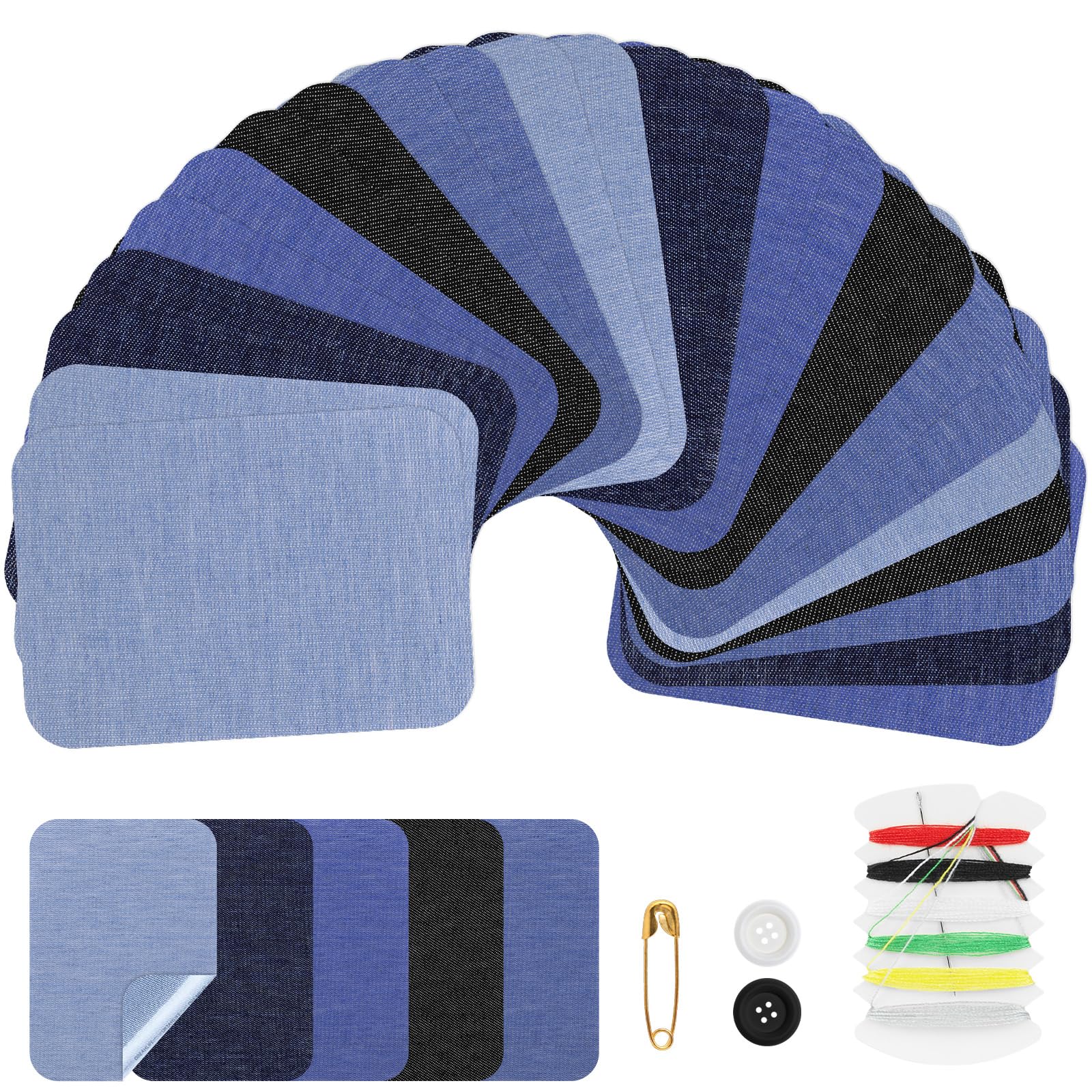 AUAUY 25PCS Denim Fabric Patches, Premium Quality Denim Iron-on Jean Patches, Five Colors Cuttable Iron-on Patch with Sewing Kit for Clothing, Home Furnishing, Bags, Chair and More (10.7cm x 7.6cm)