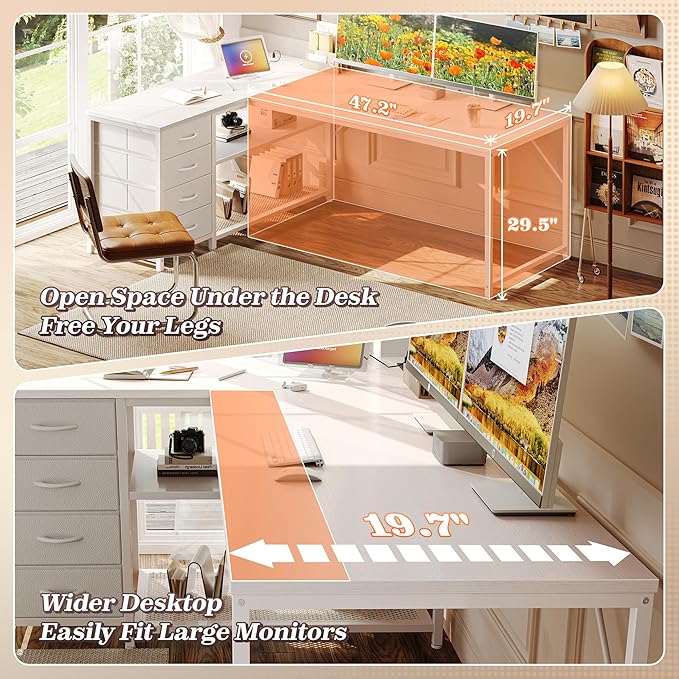 Escritorio en L con Tomas de Corriente y USB, 4 Cajones y 2 miniatura 5