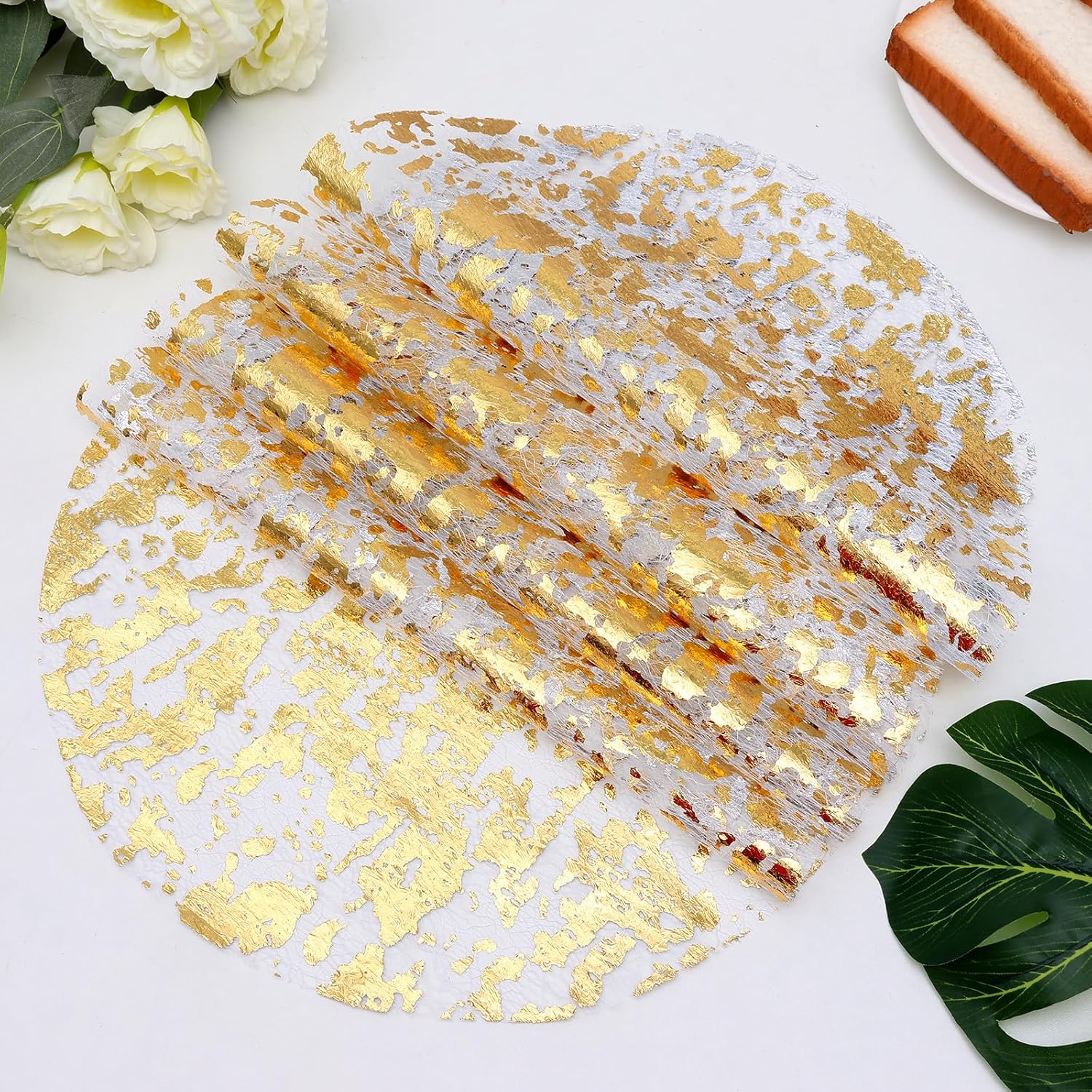 100 Piece Gold Placemats Disposable Round Table Mat 13 Inch Gold Foil Mesh Pressed Foil Paper Placemat Tablecloths Table Runner for Party Wedding Home Dinners Table Decor