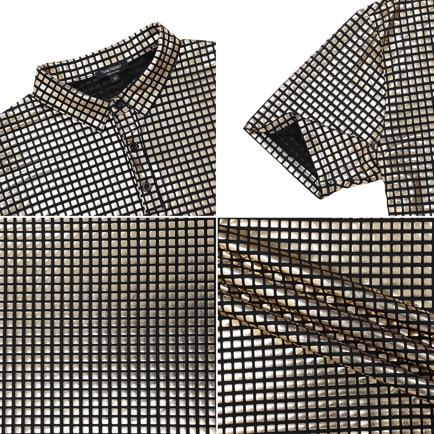 TURETRENDY Men's 70s Disco Shirts Shiny Sequins Short Sleeve Party Polo Shirt Hipster Nightclub Prom Costume T-Shirt