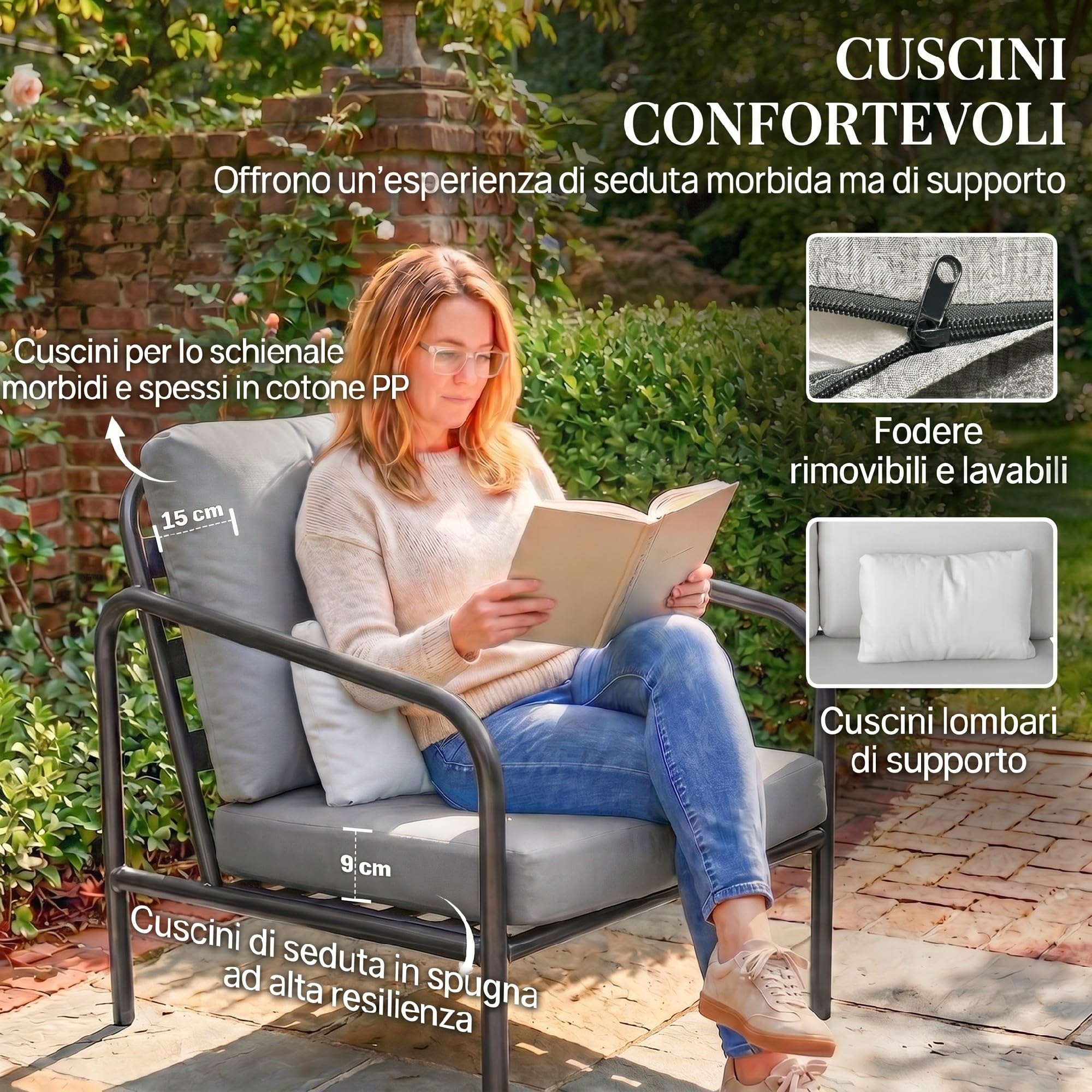 Outsunny Set Salotto da Giardino 4 Pezzi Divano 2 Posti Grigio Chiaro | Set di Mobili da Giardino in Acciaio, 2 Poltrone, Tavolino in Vetro, Cuscini Spessi, Cuscini Lombari, Salottino da Esterno