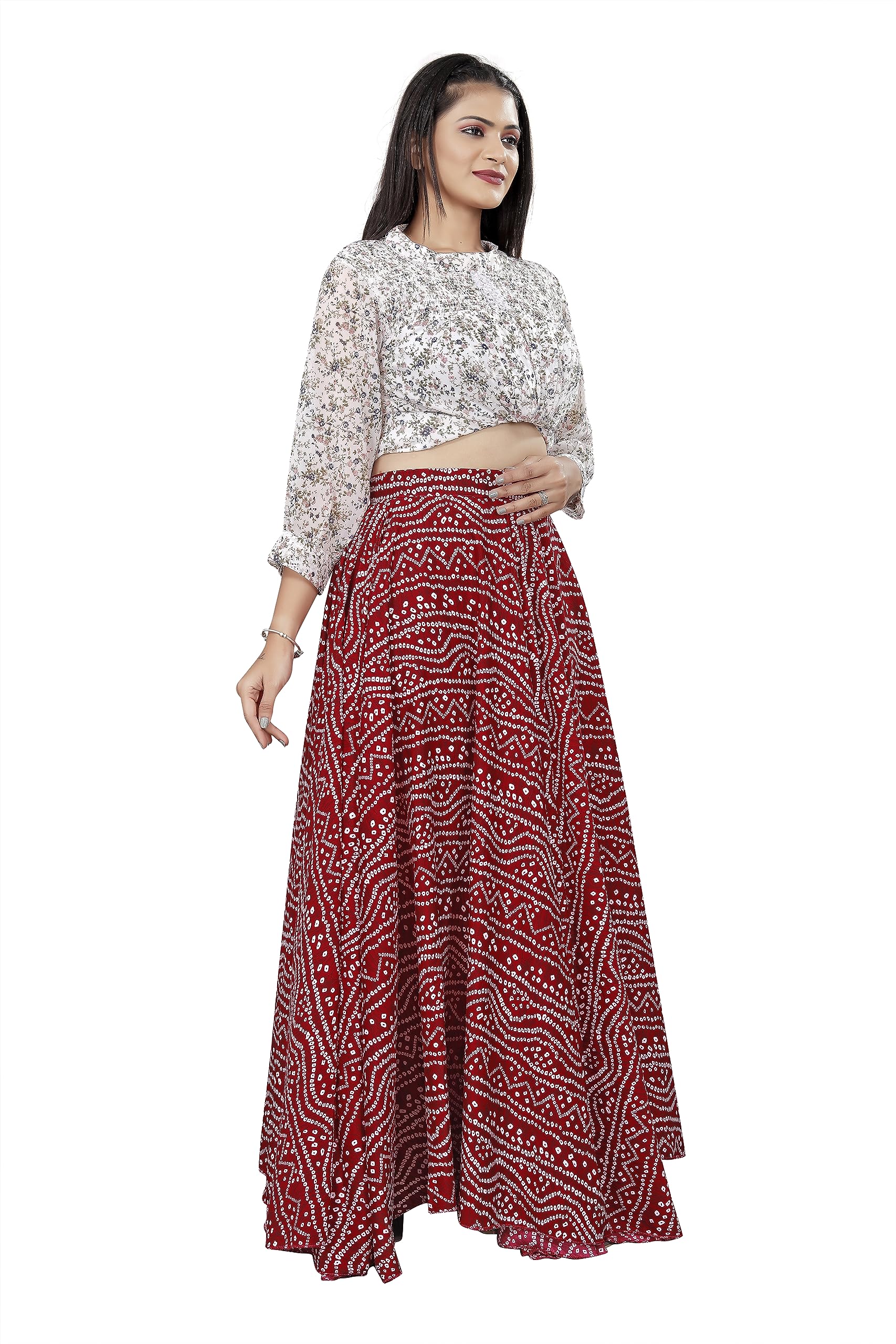 JYESHTA Women's American Crepe Blooming Flared Long for Traditional Stitched A-line Flare Skirt for Girls with 12 Meter Flare 40inch Height (36, Red Printed) - Image 4 thumbnail