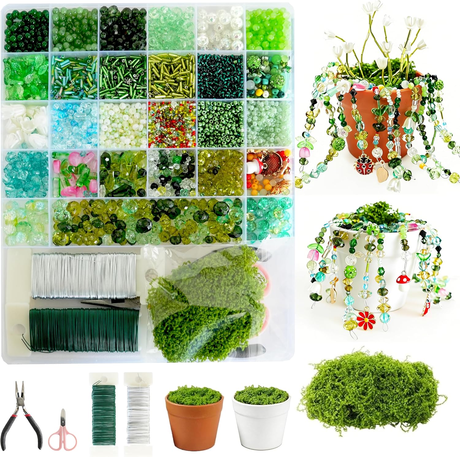 DreamingDay DIY Beaded Plant Kit, 6316 Pcs Green Glass Beaded Set with Wire and Artificial Moss for Plant Jewelry Making, DIY Craft Kit for Plant Lovers, Gift for Craft Lovers